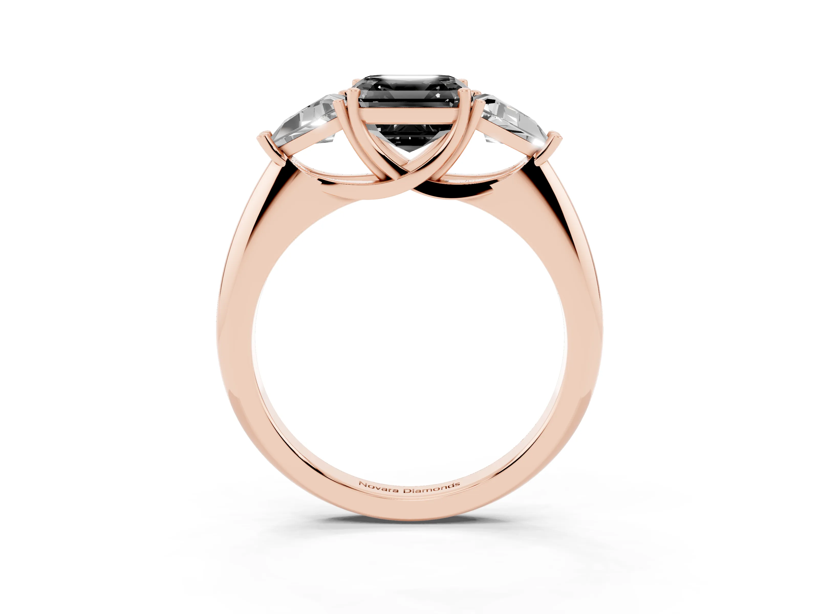 Fancy Black Asscher Cut Diamond Three-Stone Engagement Ring Set in Rose gold with Trillion Side Stones