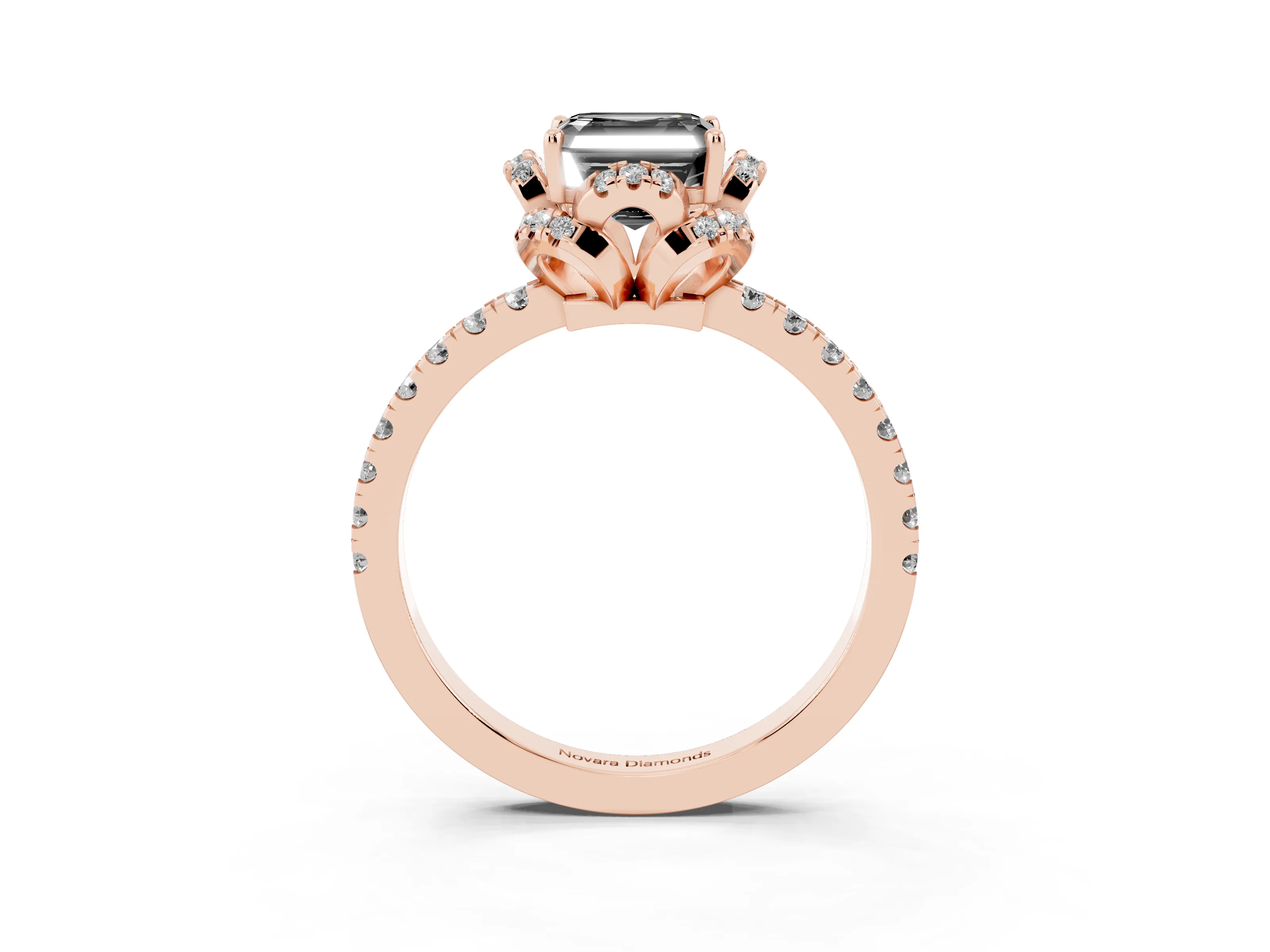 Fancy Black Asscher Cut Diamond Halo Pavé Ring Set in Rose gold with Prong-Held Center Stone