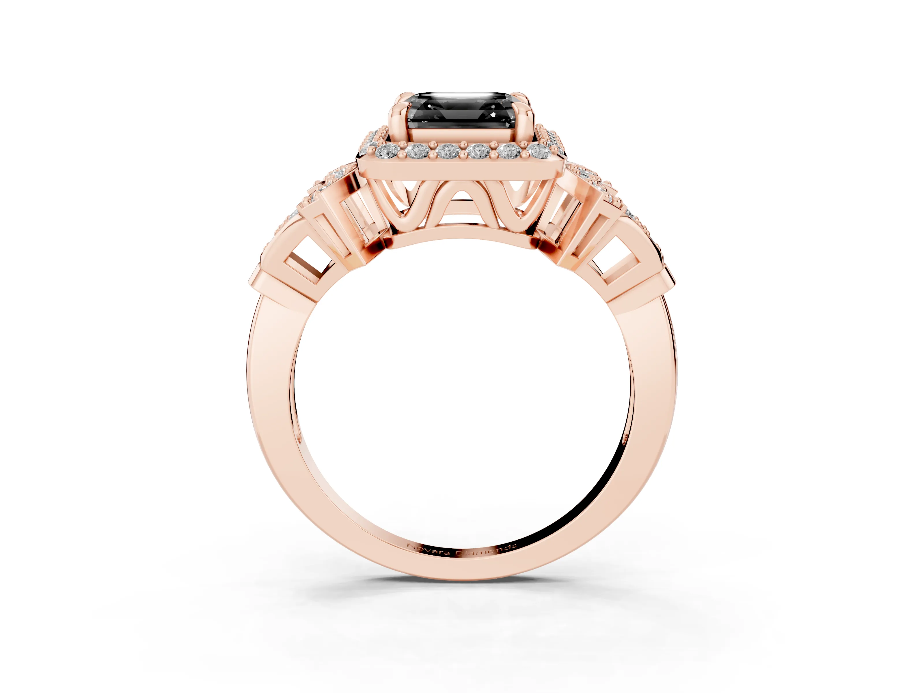 Fancy Black Asscher Cut Diamond Halo Engagement Ring Set in Rose gold with Accent Stone Split Shank