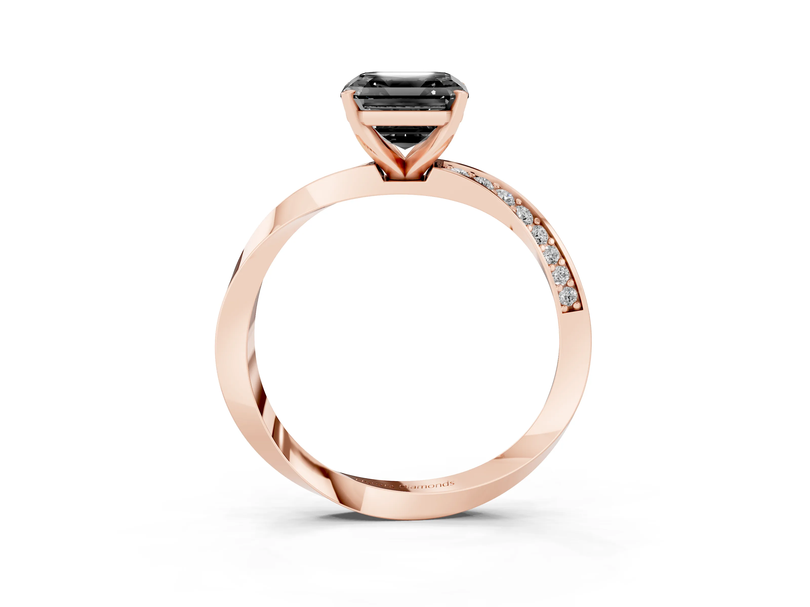 Fancy Black Asscher Cut Diamond Engagement Ring Set in Rose gold with Side Stone Accents and Prong Setting