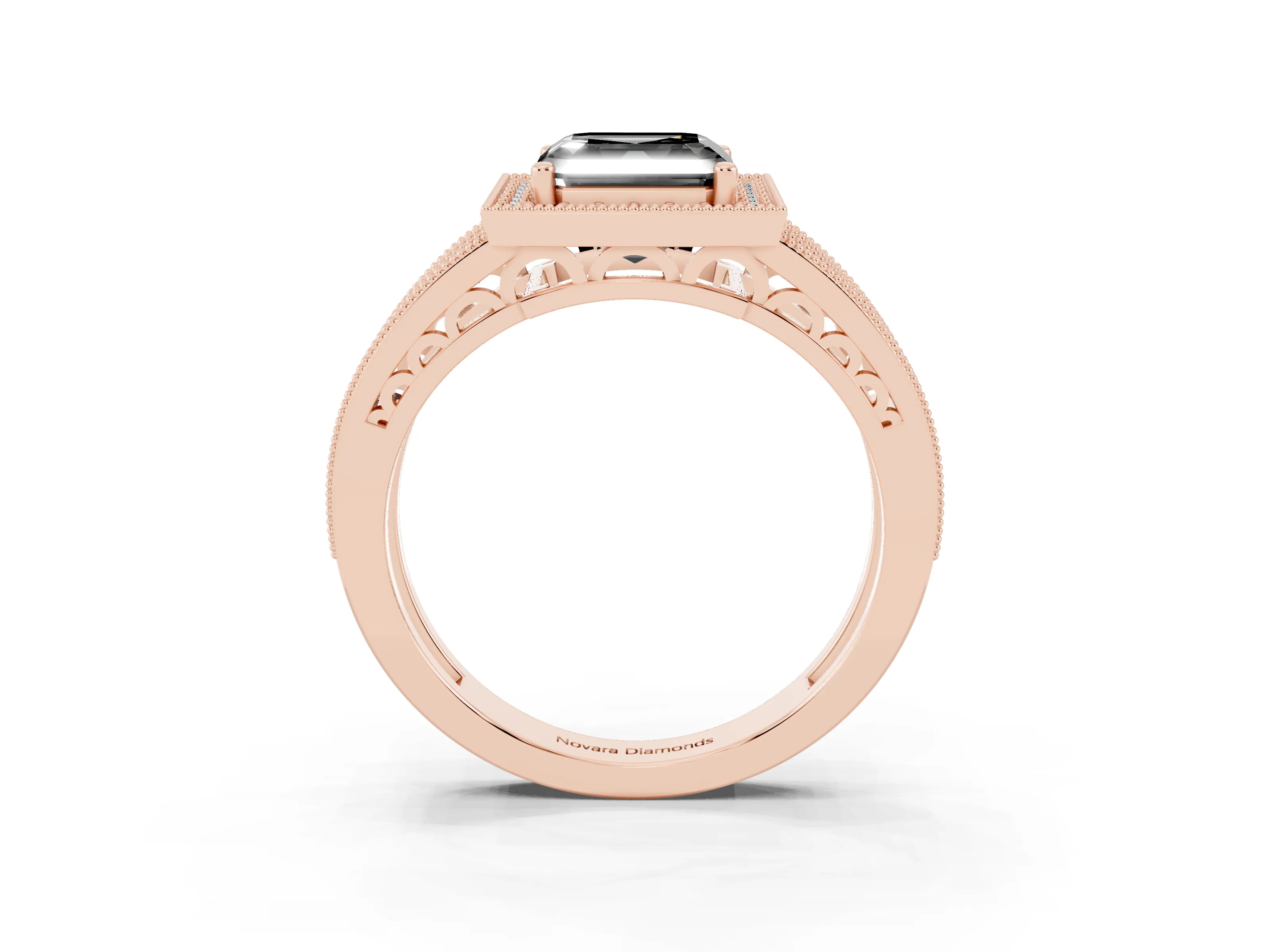 Fancy Black Asscher Cut Diamond Halo Ring Set in Rose gold with Accent Split Shank and Prong Setting
