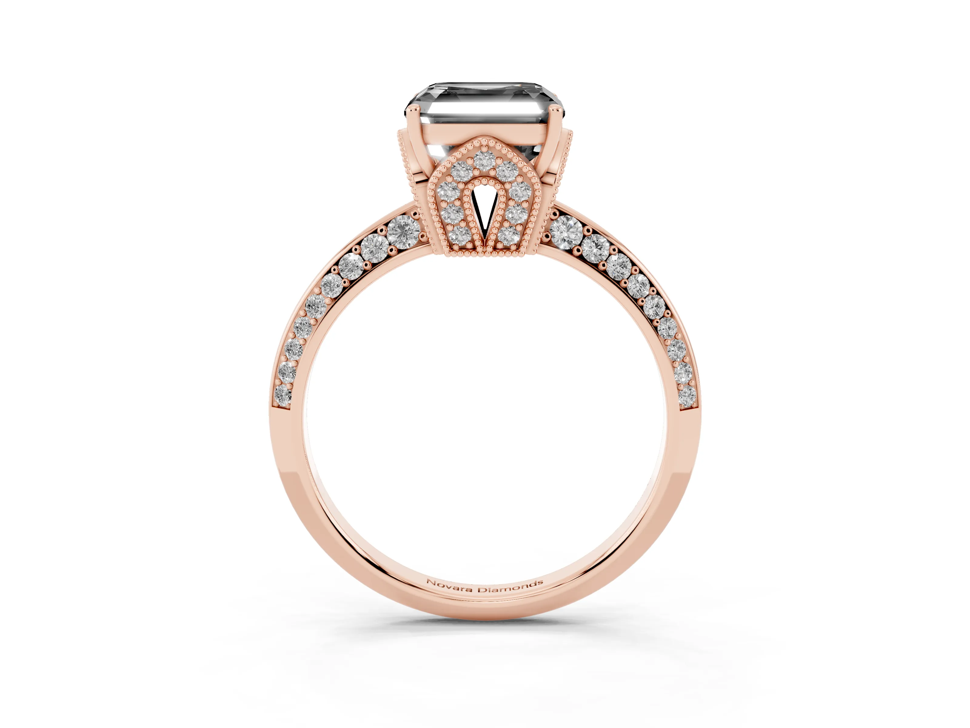 Fancy Black Asscher Cut Diamond Solitaire Engagement Ring Set in Rose gold with Pavé Split Shank and Prong Setting