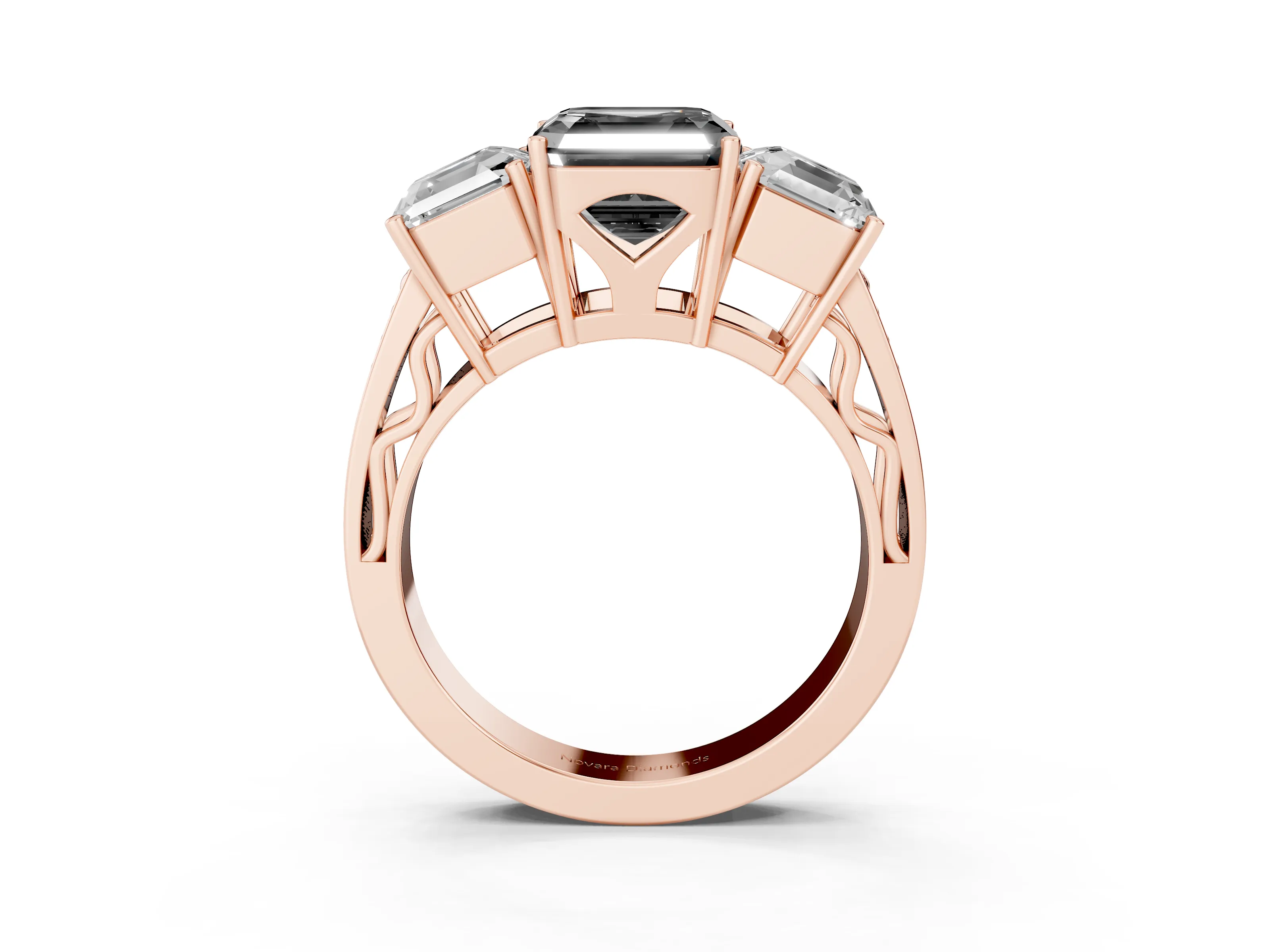 Fancy Black Asscher Cut Diamond Three-Stone Ring Set in Rose gold with Textured Band