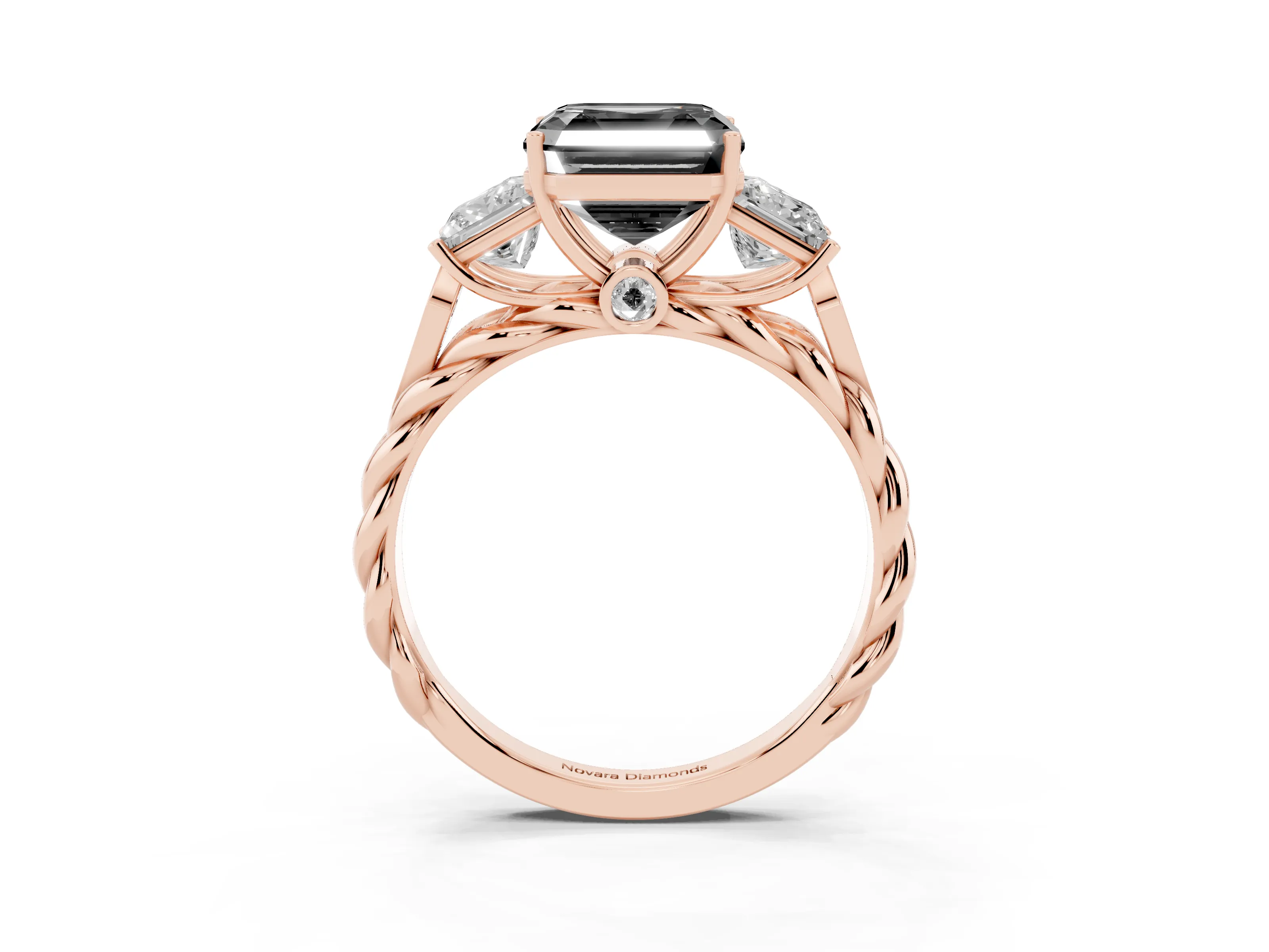 Fancy Black Asscher Cut Diamond Three-Stone Ring Set in Rose gold with Braided Band