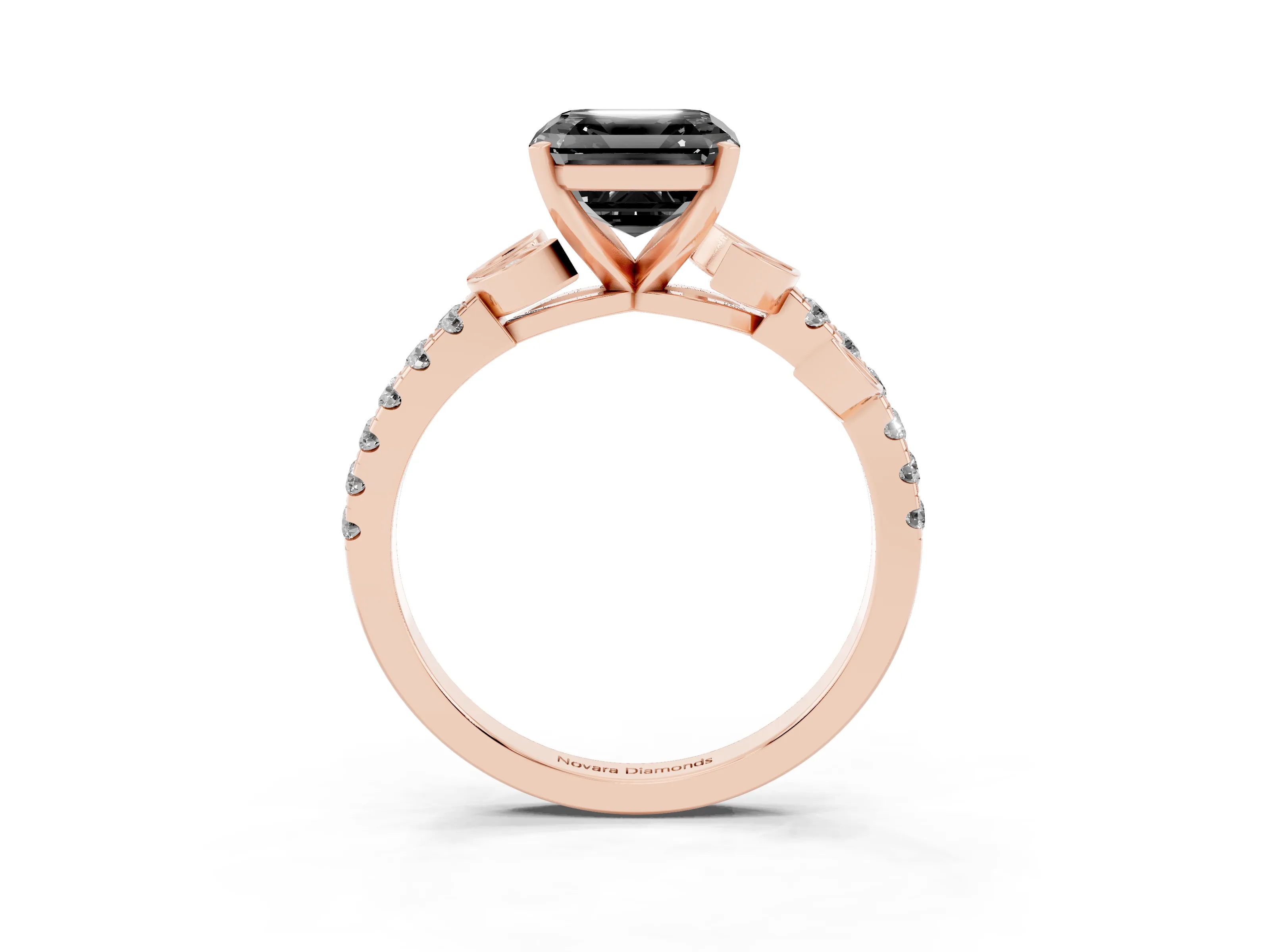 Fancy Black Asscher Cut Diamond Solitaire Leaf-Inspired Ring Set in Rose gold with Pavé Band and Prong Setting
