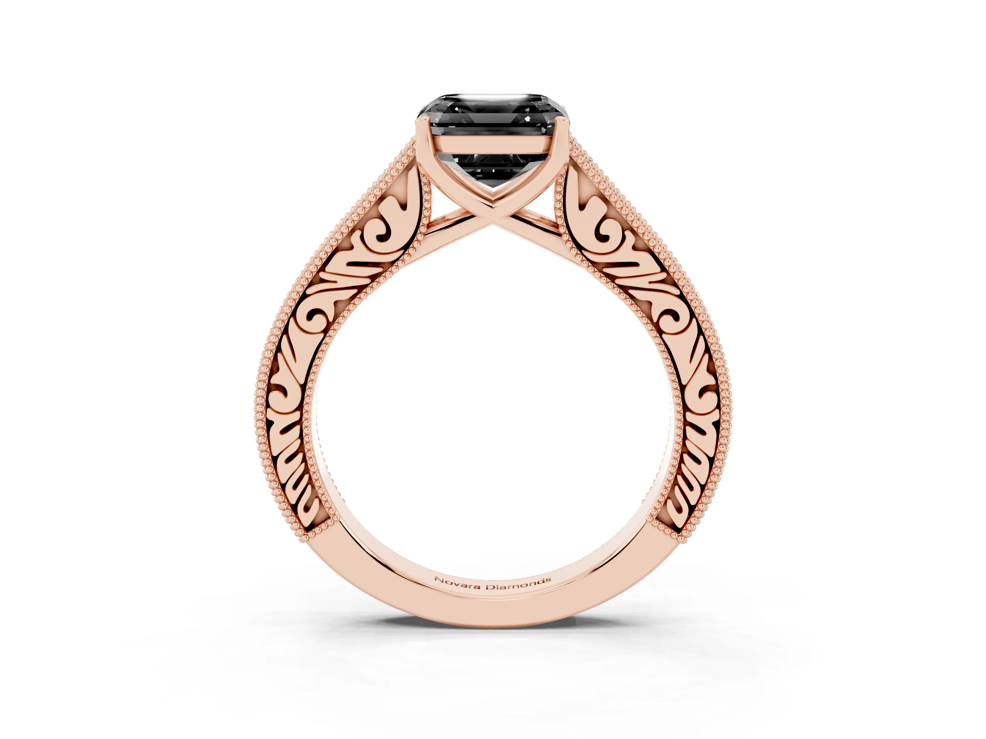 Fancy Black Asscher Cut Diamond Milgrain Pavé Band Solitaire Ring Set in Rose gold with Prong Setting