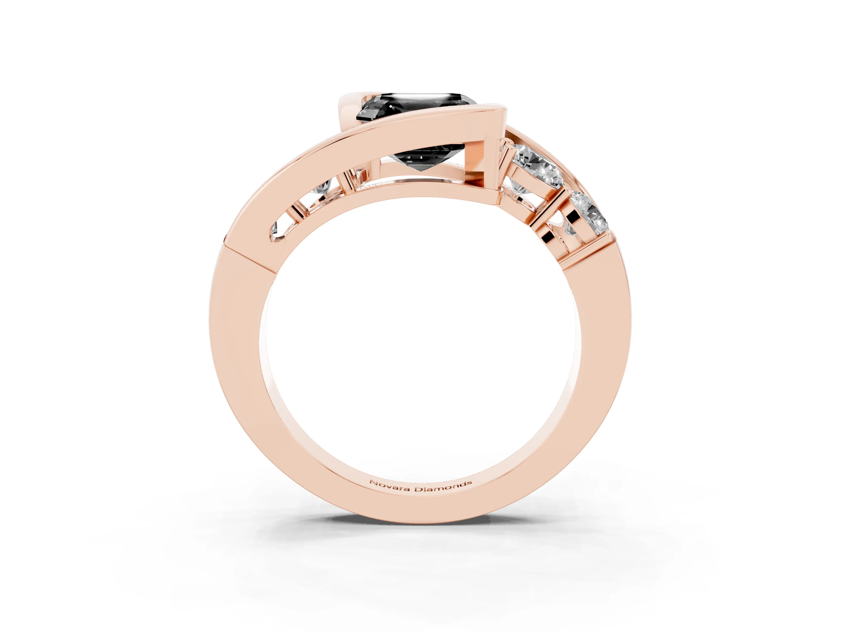 Fancy Black Asscher Cut Diamond Bezel Bypass Ring Set in Rose gold with Round Accents