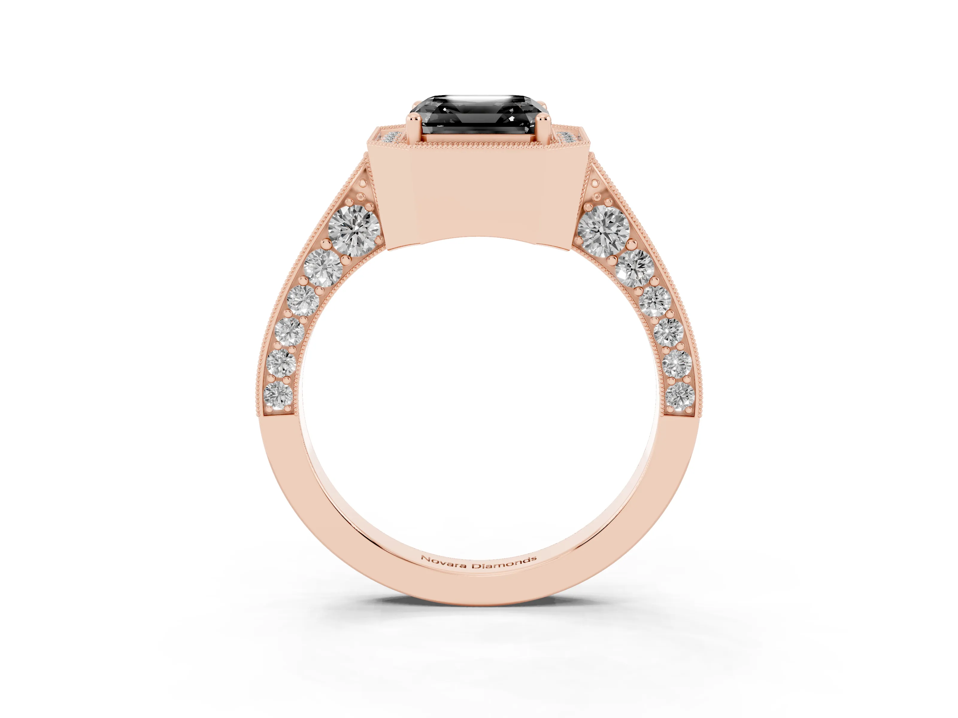 Fancy Black Asscher Cut Diamond Halo Engagement Ring Set in Rose gold with Accent Split Shank Band