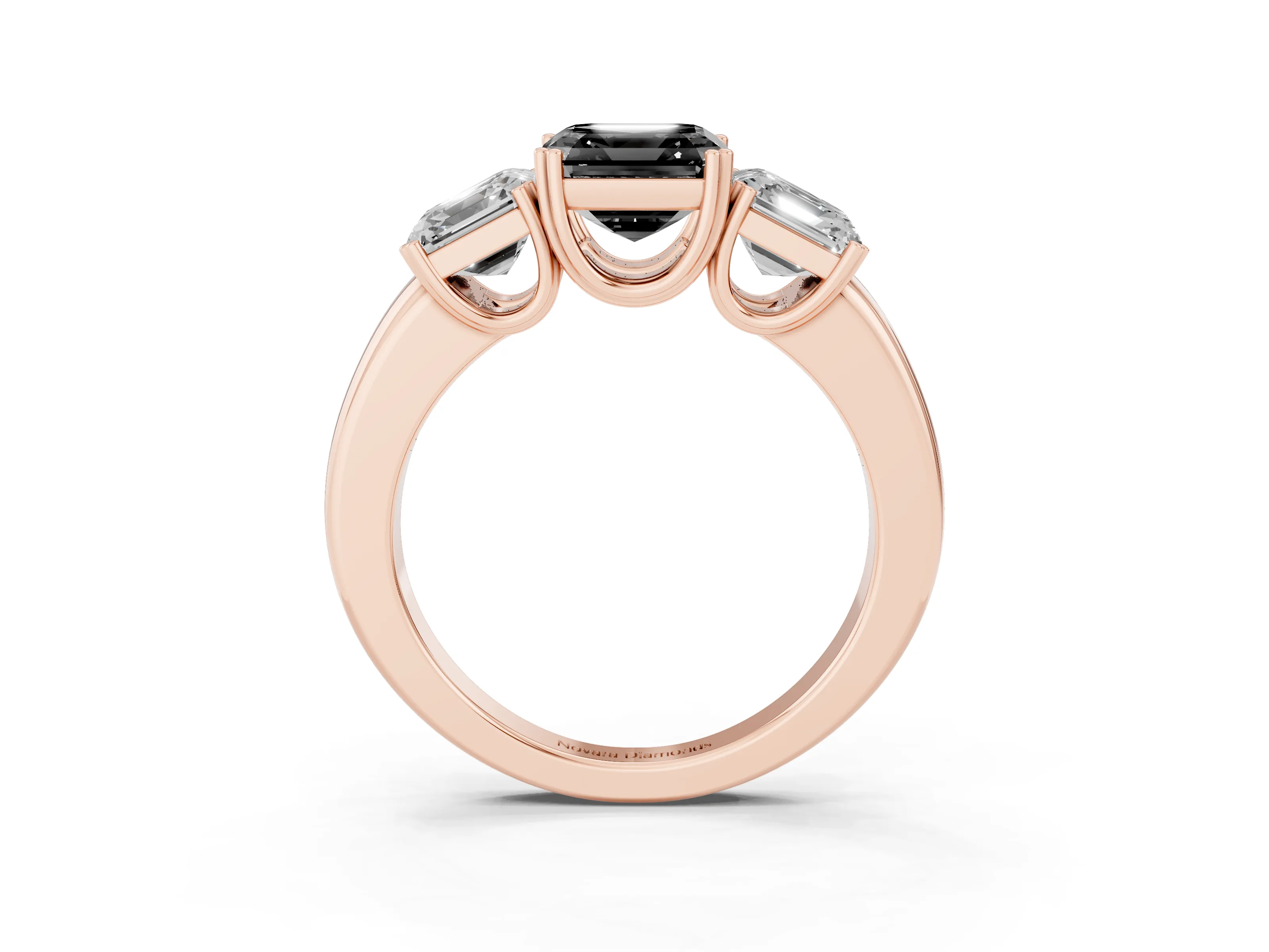 Fancy Black Asscher Cut Diamond Three-Stone Ring Set in Rose gold with Polished Band and Prong Setting