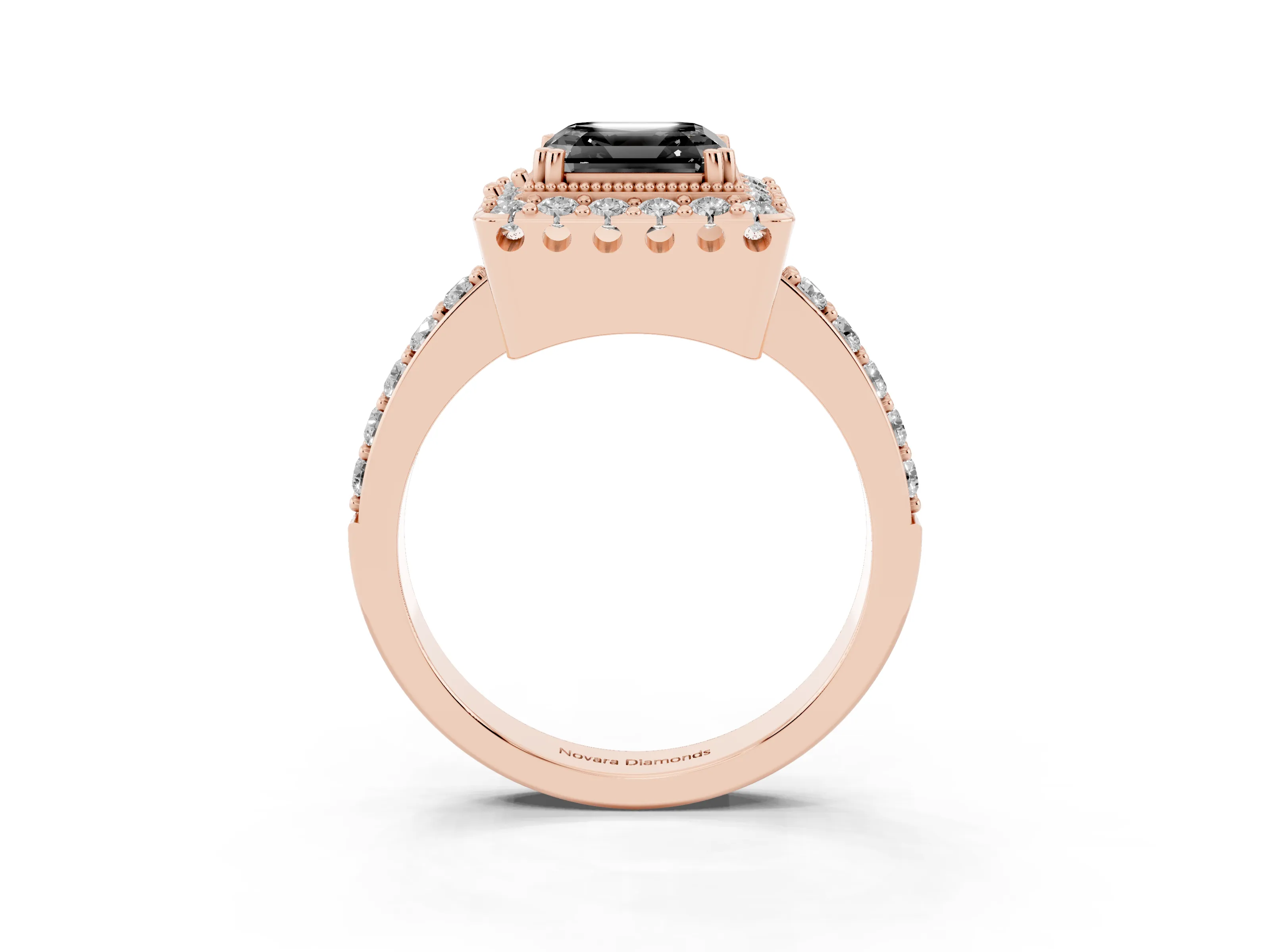 Fancy Black Asscher Cut Diamond Halo Ring Set in Rose gold with Pavé Shank and Prong Setting