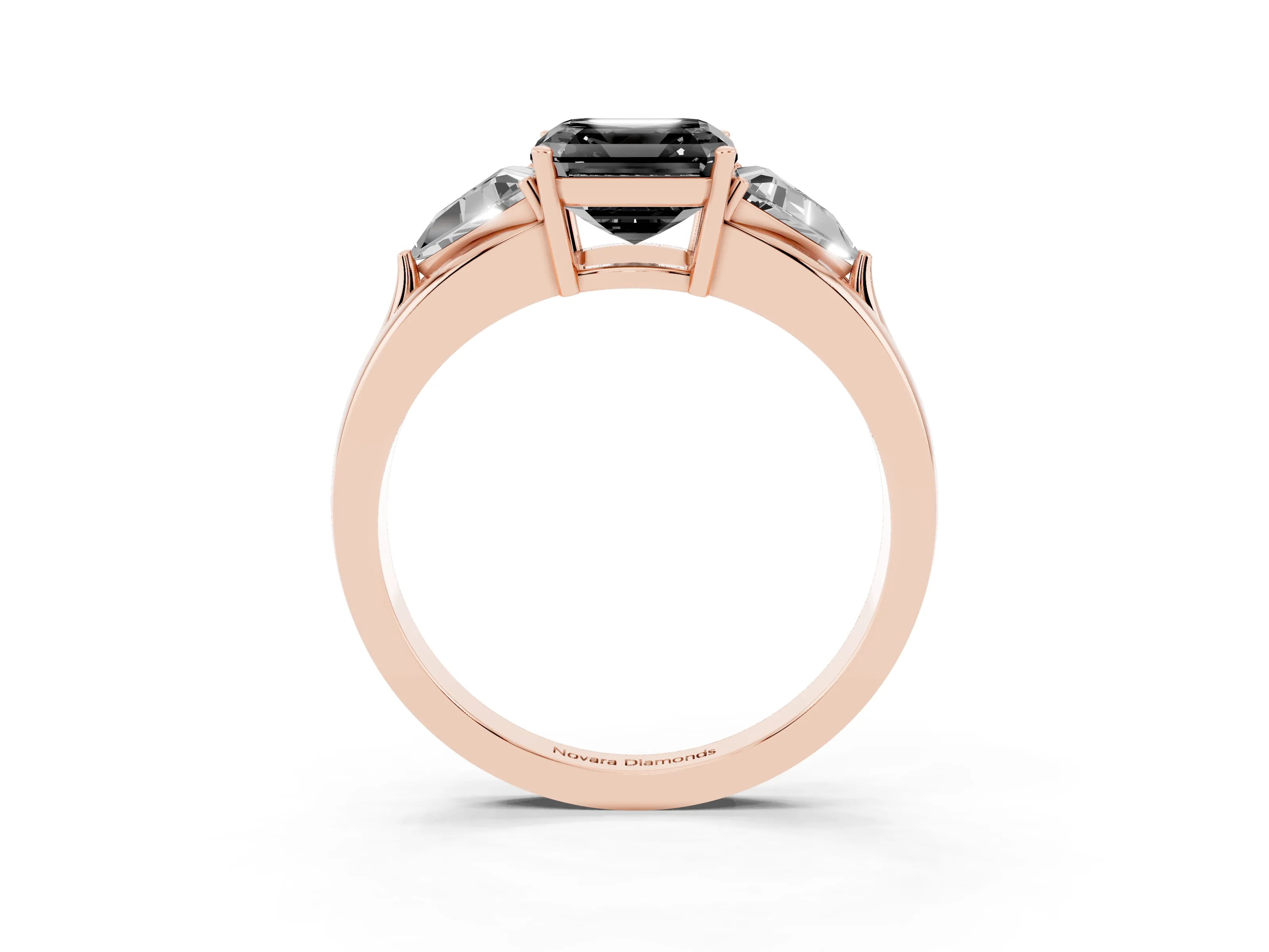 Fancy Black Asscher Cut Diamond Three-Stone Ring Set in Rose gold with Trillion Side Stones and Split Shank