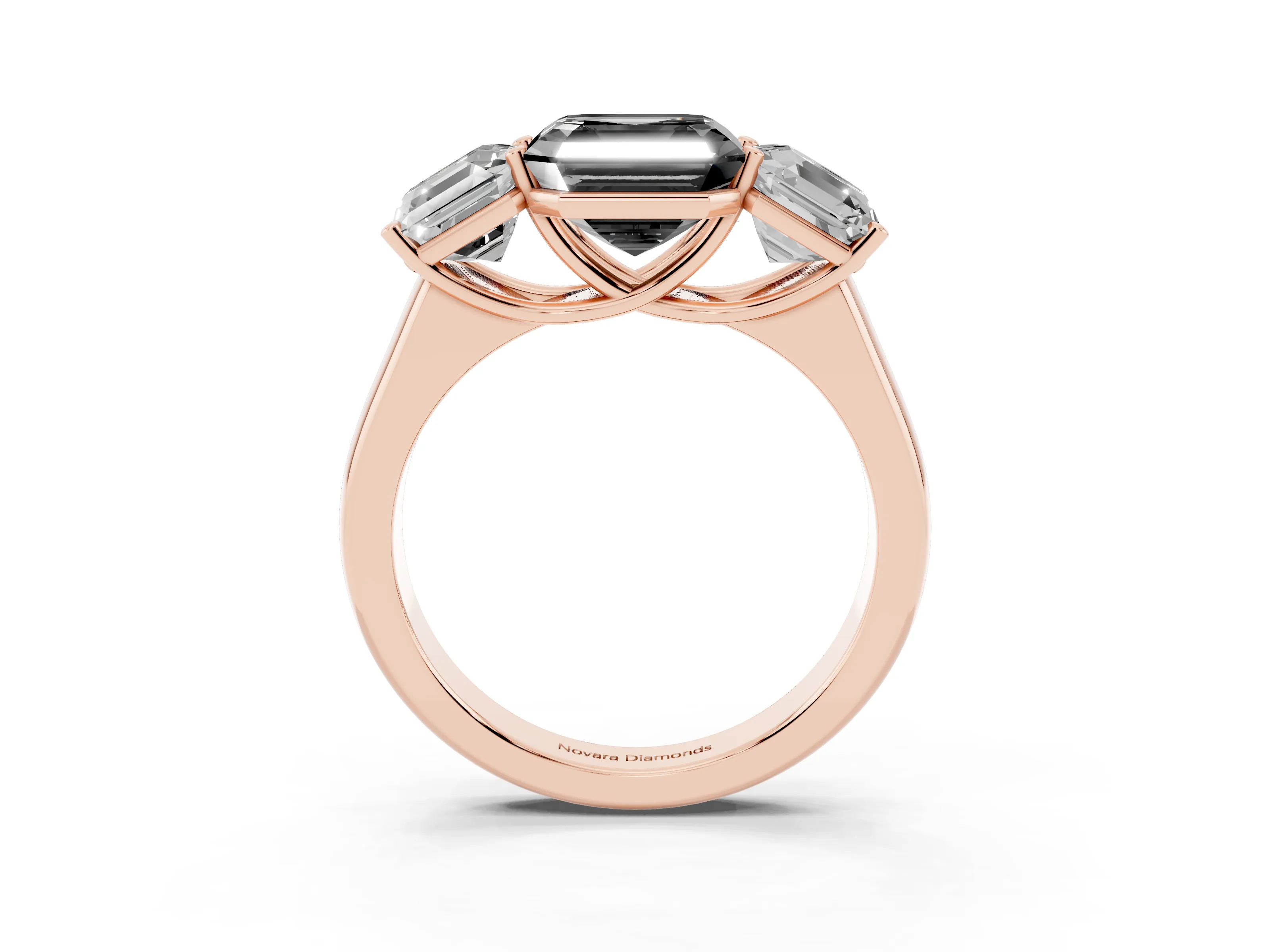Fancy Black Asscher Cut Diamond Three-Stone Ring Set in Rose gold with Plain Polished Band
