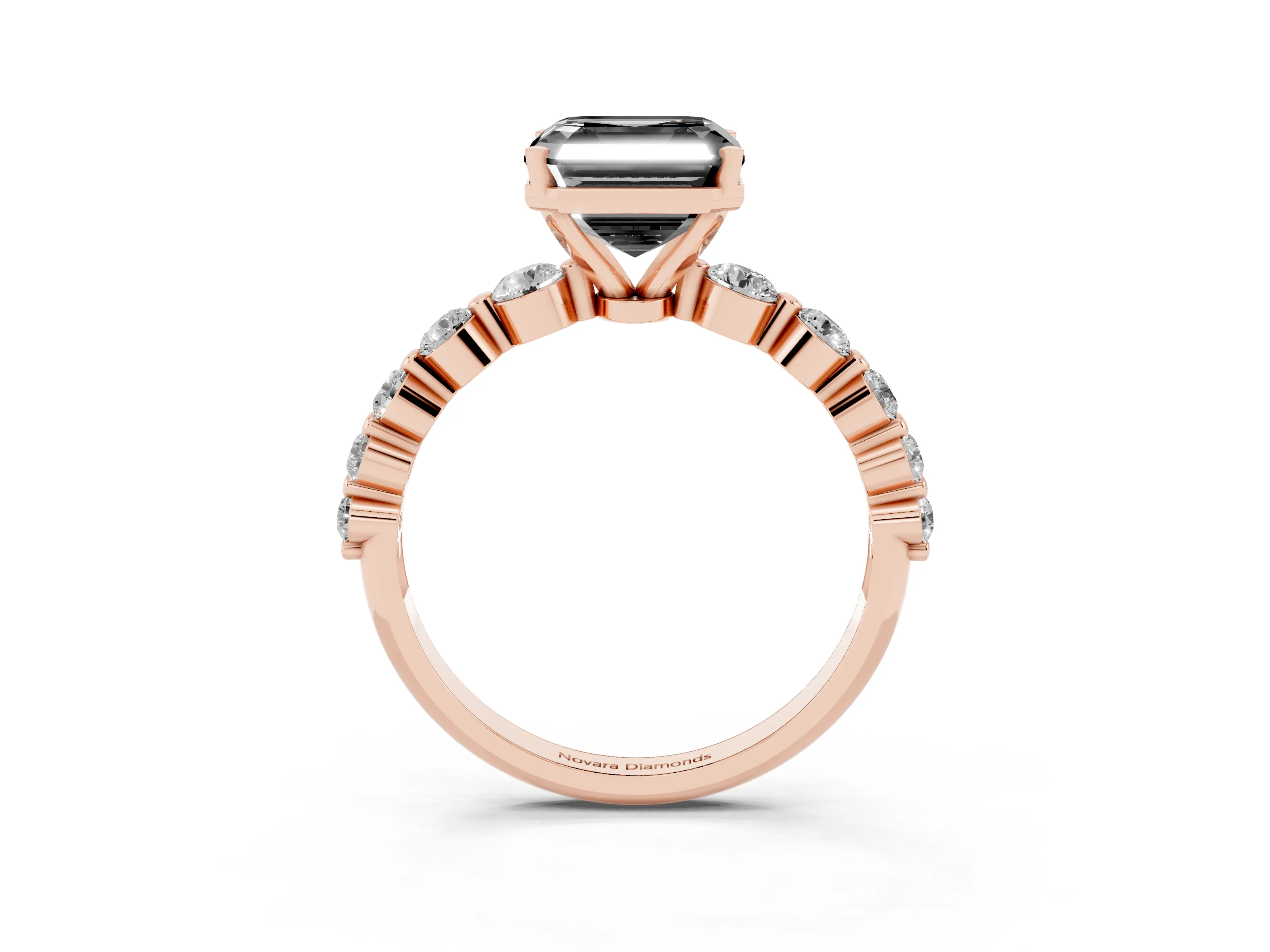 Fancy Black Asscher Cut Diamond Solitaire Ring Set in Rose gold with Pavé Band and Prong Setting