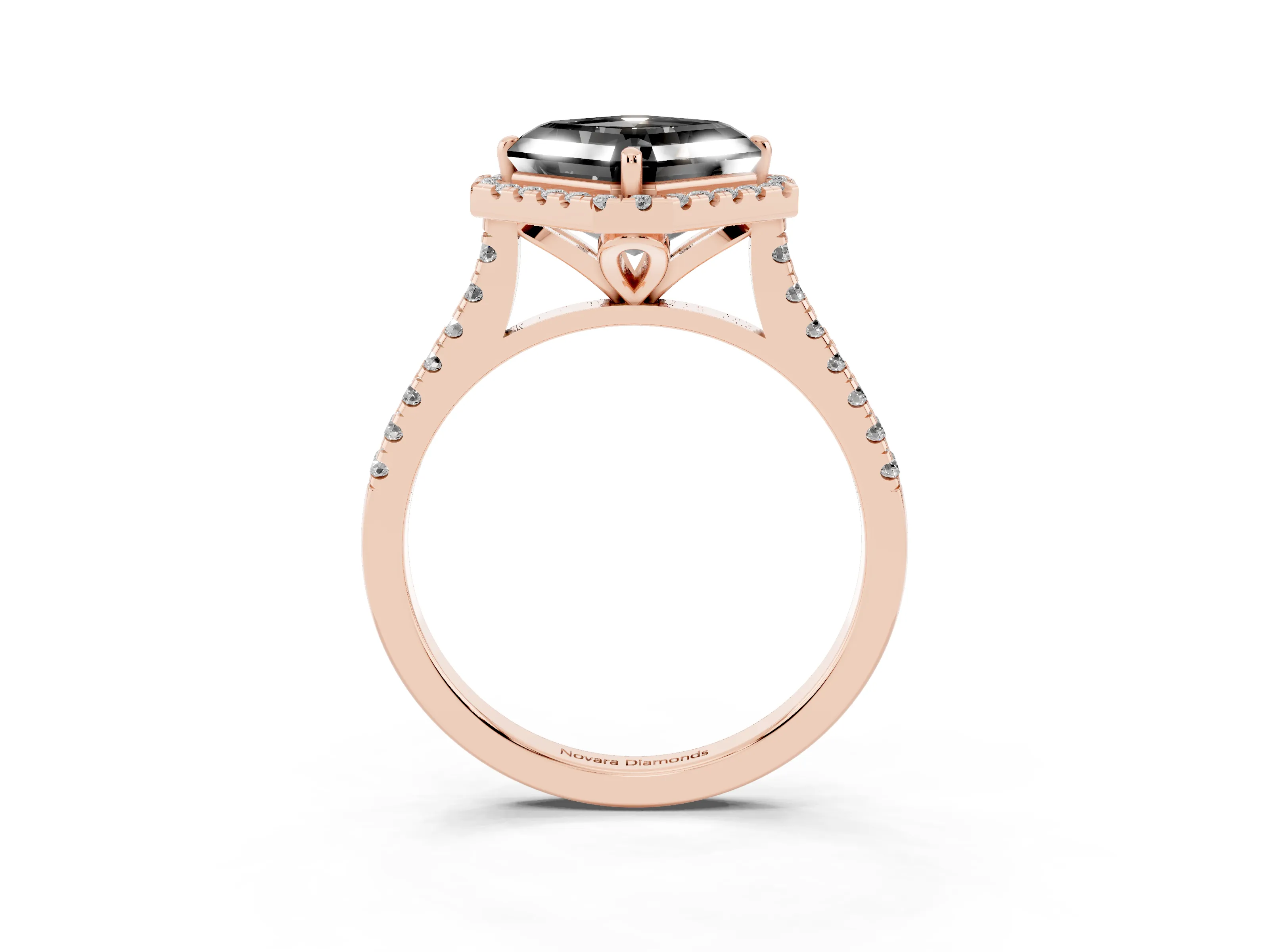 Fancy Black Asscher Cut Diamond Cushion Halo Ring Set in Rose gold with Pavé Band