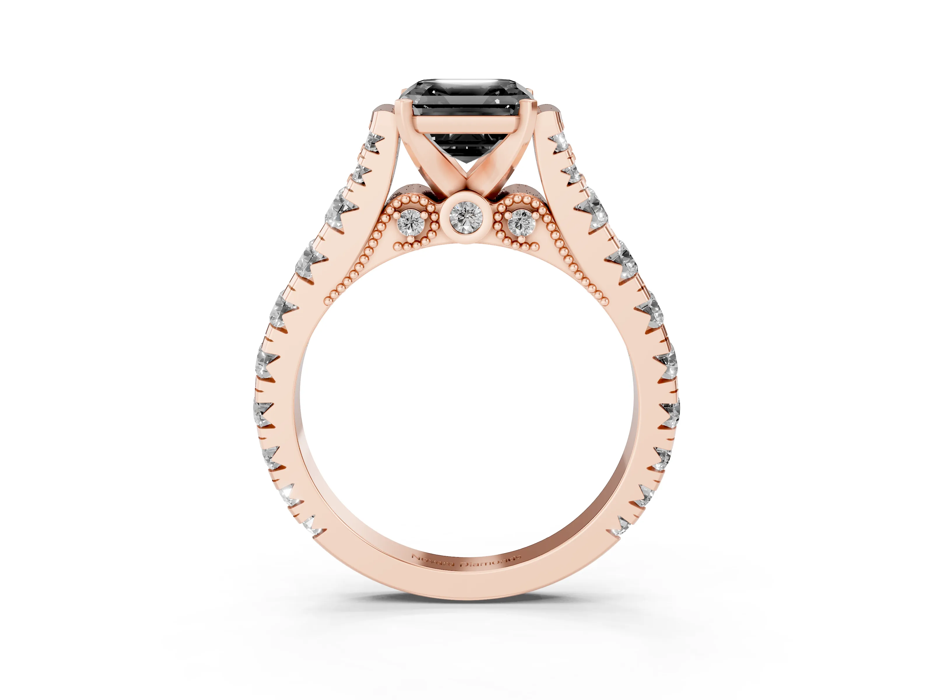 Fancy Black Asscher Cut Diamond Classic Solitaire Ring Set in Rose gold with Pavé Band and Prong Setting