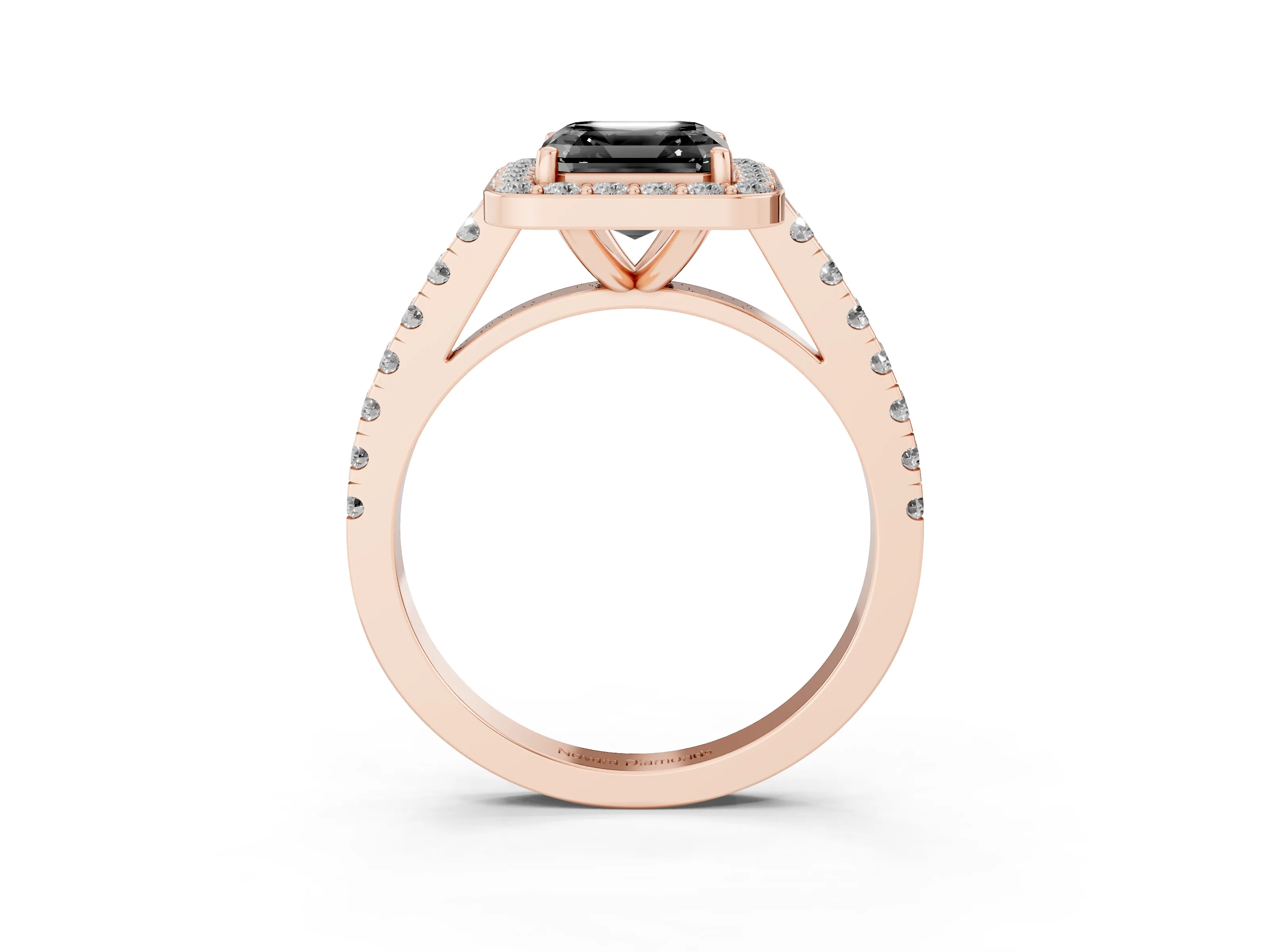 Fancy Black Asscher Cut Diamond Halo Ring Set in Rose gold with Round Pavé Split Shank and Prong Setting
