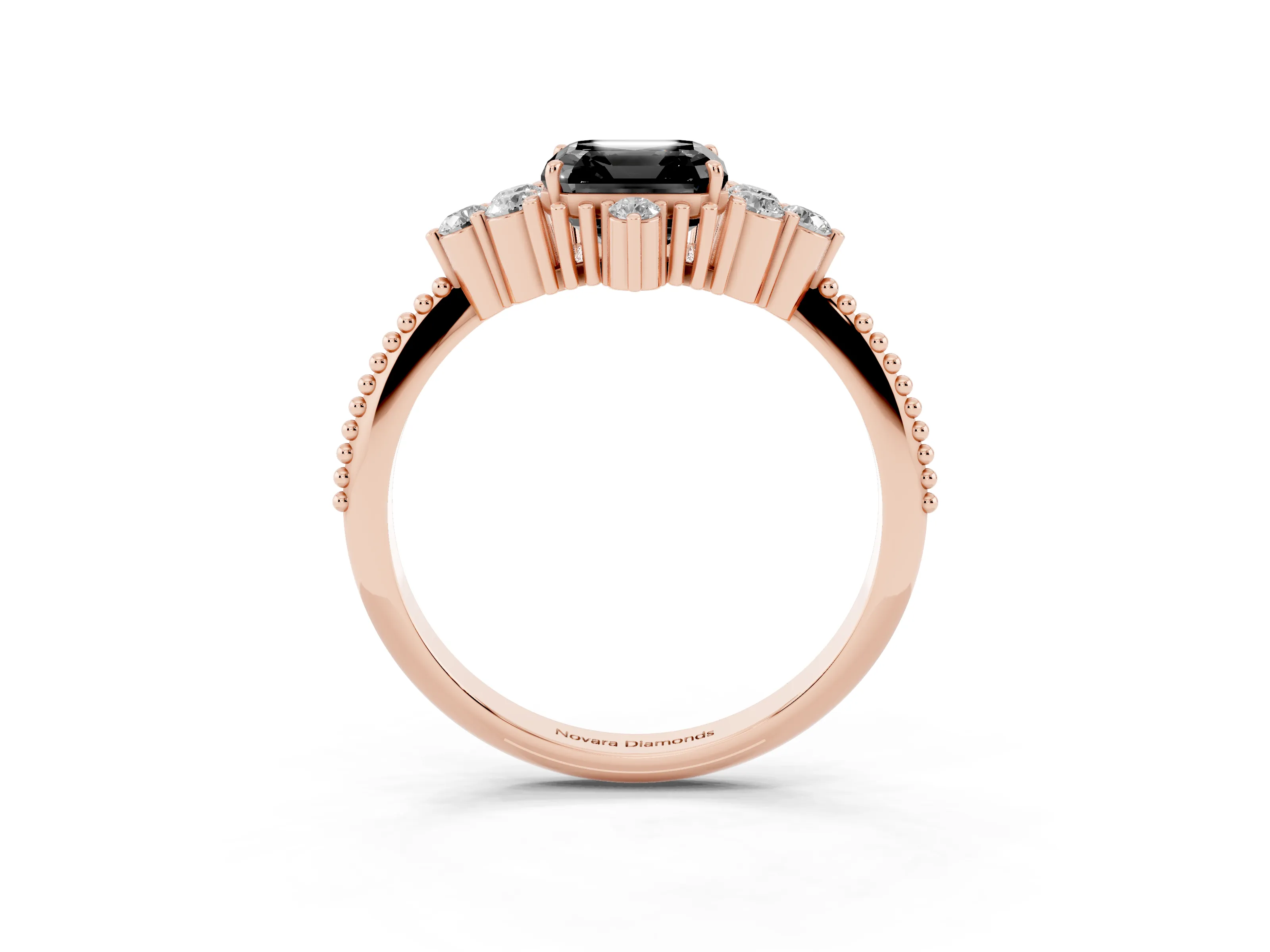Fancy Black Asscher Cut Diamond Cluster Ring Set in Rose gold with Beaded Band