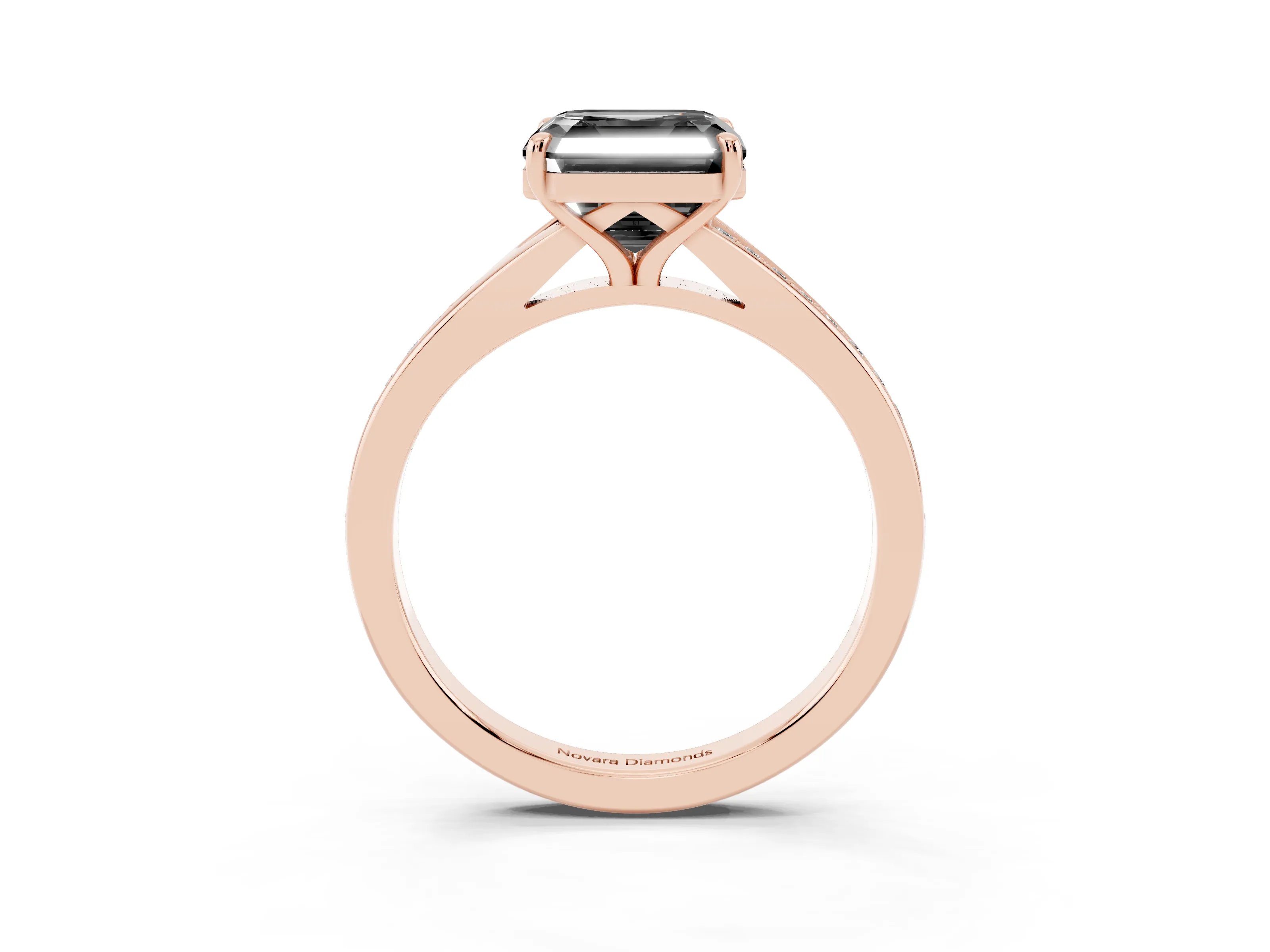 Fancy Black Asscher Cut Diamond Solitaire Ring Set in Rose gold with Pavé Accent Band and Classic Prong Setting