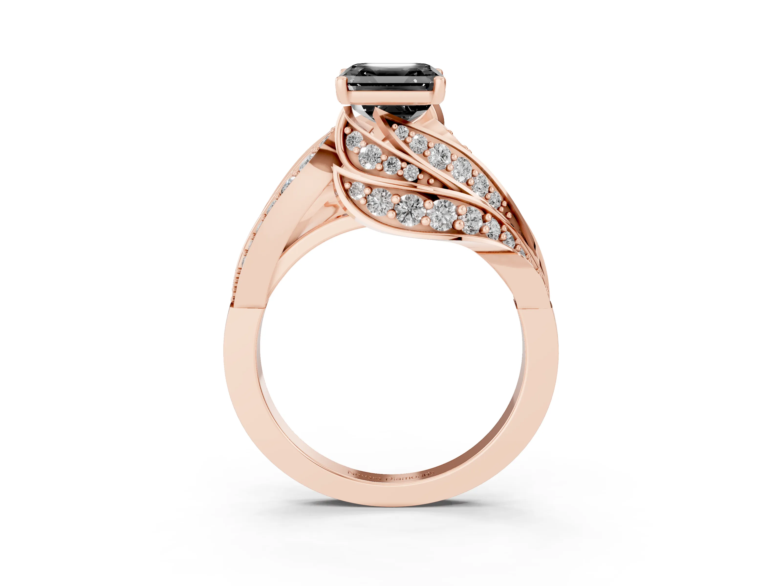 Fancy Black Asscher Cut Diamond Solitaire Ring Set in Rose gold with Layered Twist Pavé Band