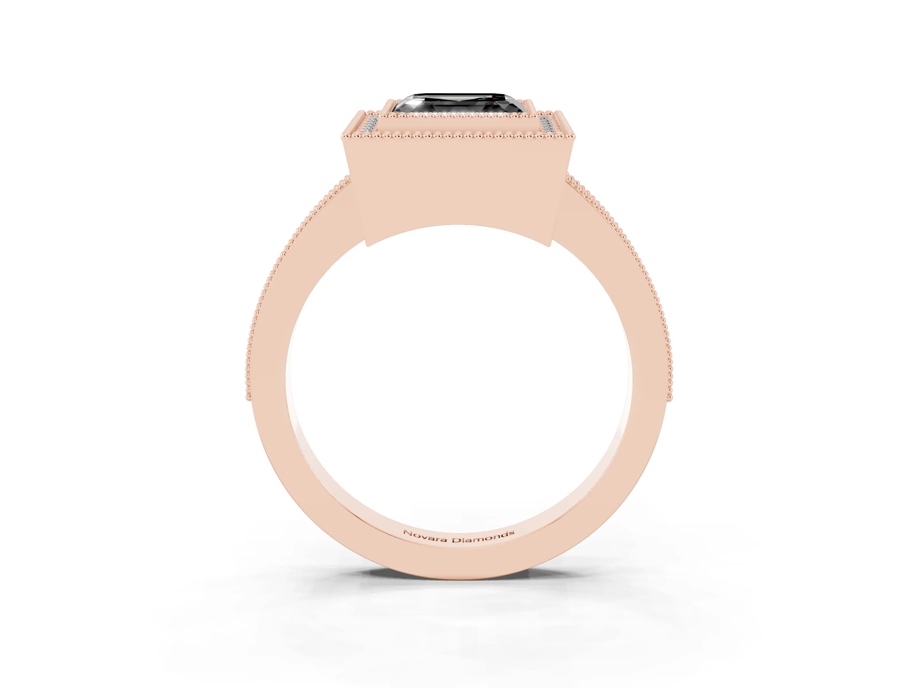 Fancy Black Asscher Cut Diamond Halo Engagement Ring Set in Rose gold with Pavé Band and Round Halo Stones