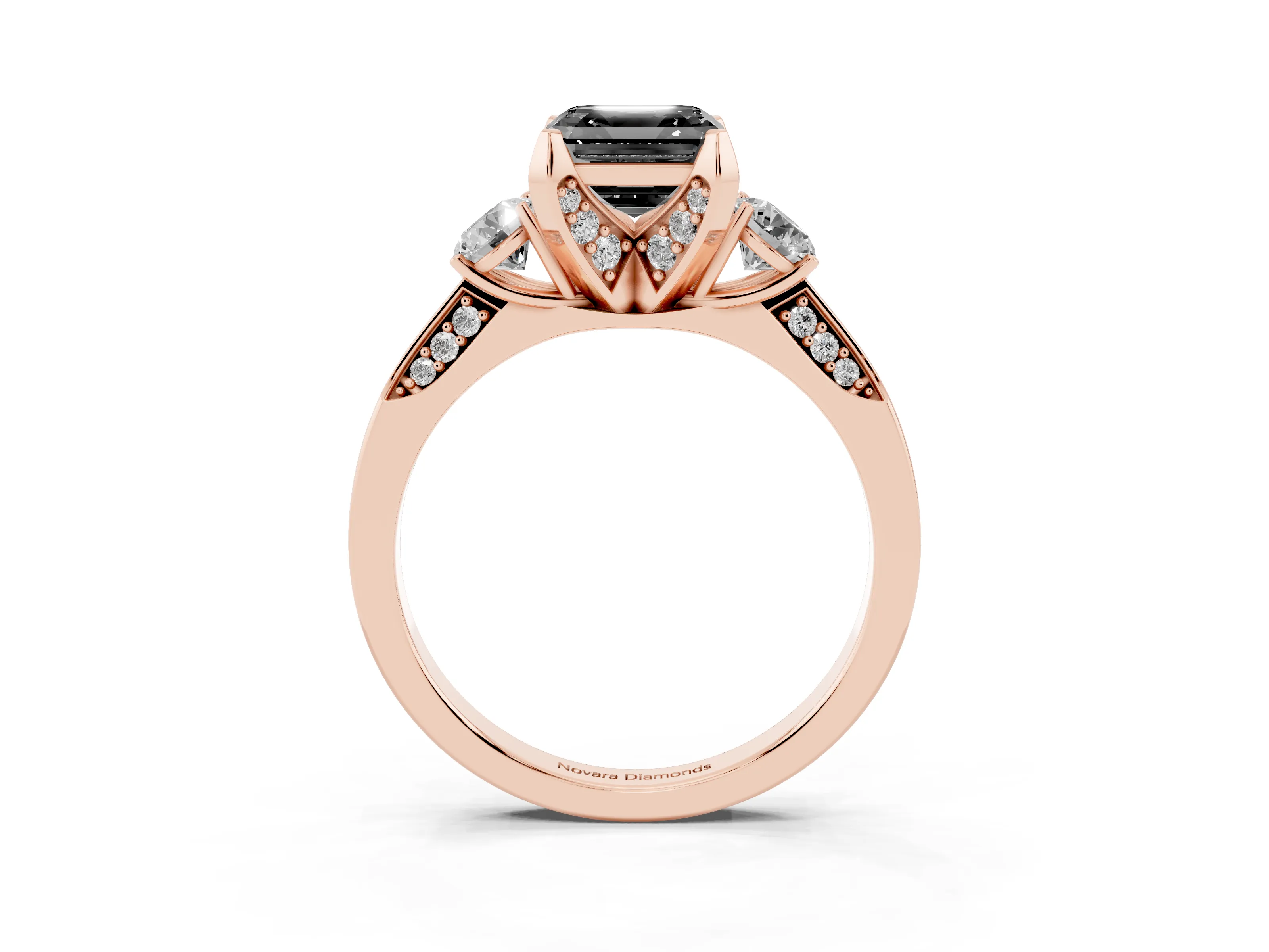 Fancy Black Asscher Cut Diamond Three-Stone Ring Set in Rose gold with Pavé Band and Smaller Side Stones