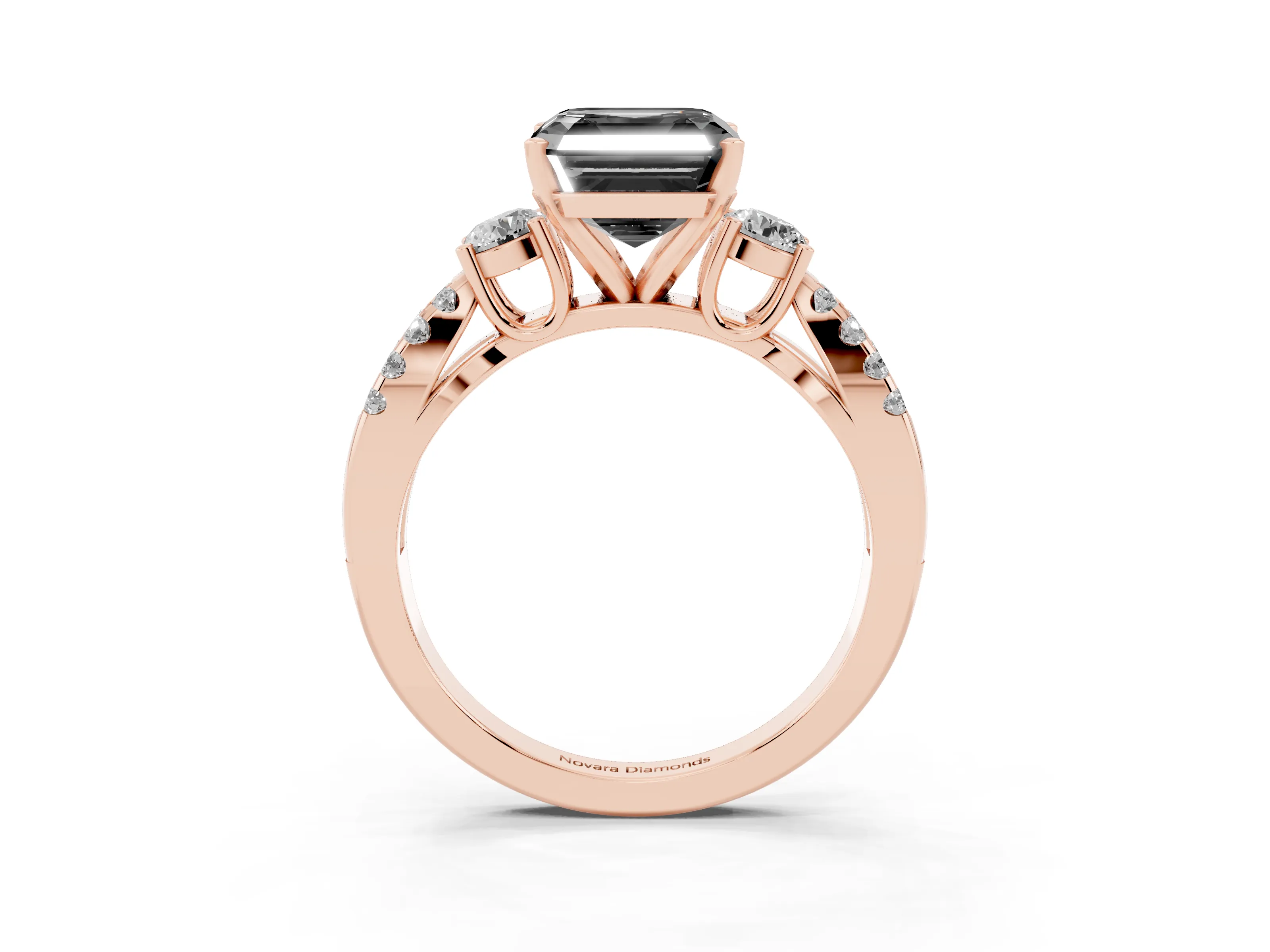 Fancy Black Asscher Cut Diamond Three-Stone Ring Set in Rose gold with Pavé Split Shank and Prong Setting