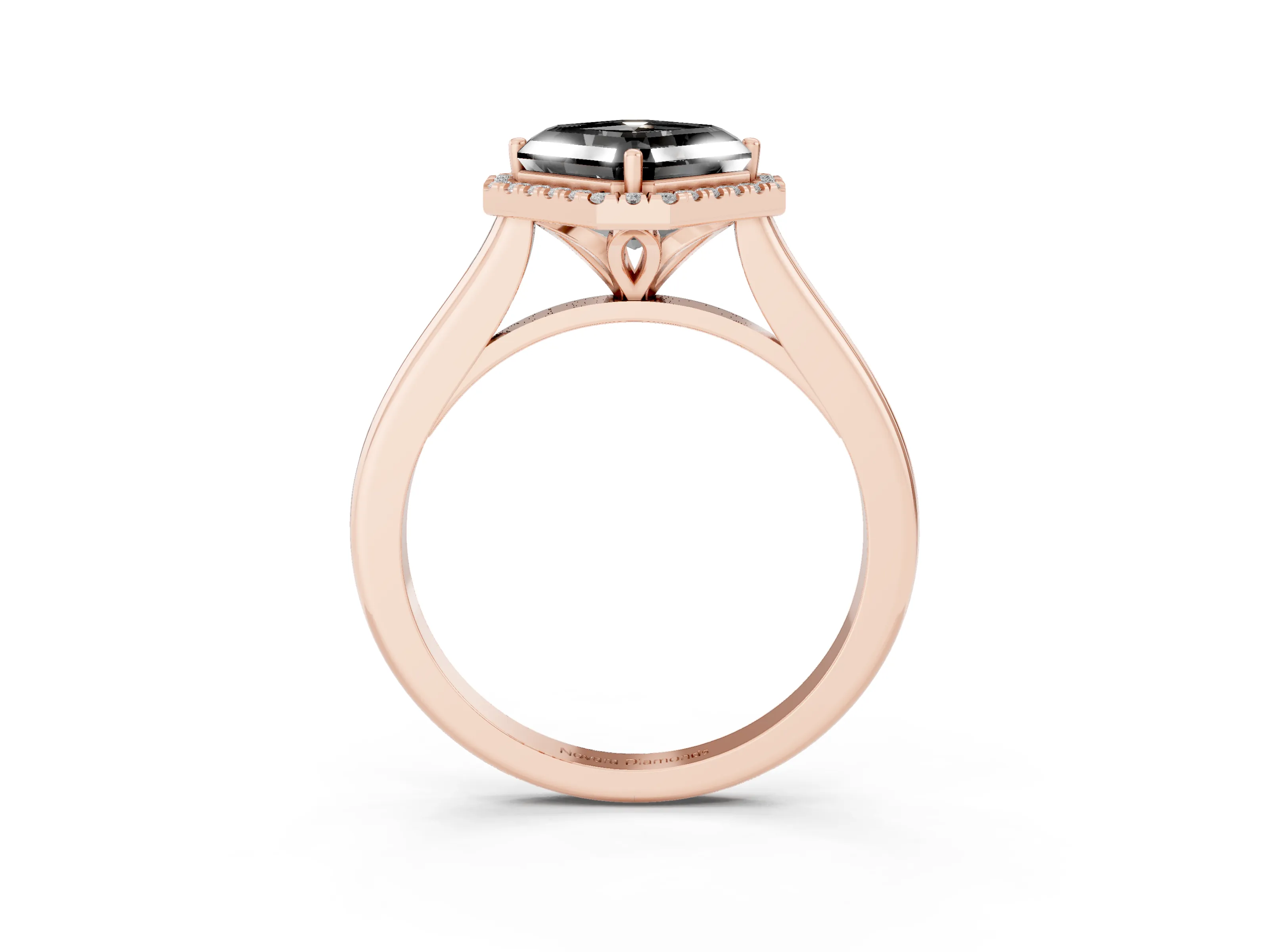 Fancy Black Asscher Cut Diamond Halo Engagement Ring Set in Rose gold with Pavé Band and Rising Shoulders
