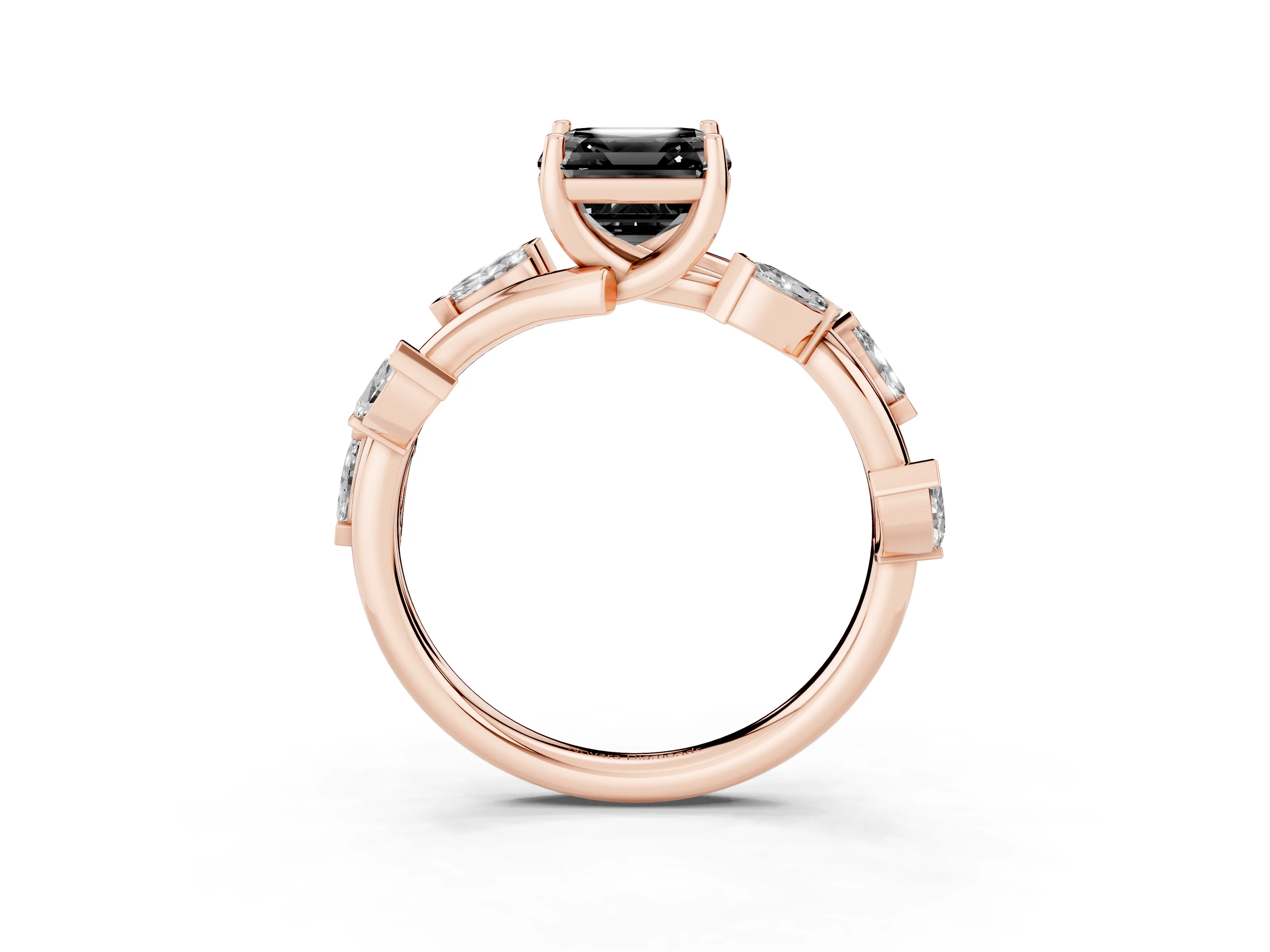 Fancy Black Asscher Cut Diamond Solitaire Ring Set in Rose gold with Twisted Marquise Accent Band