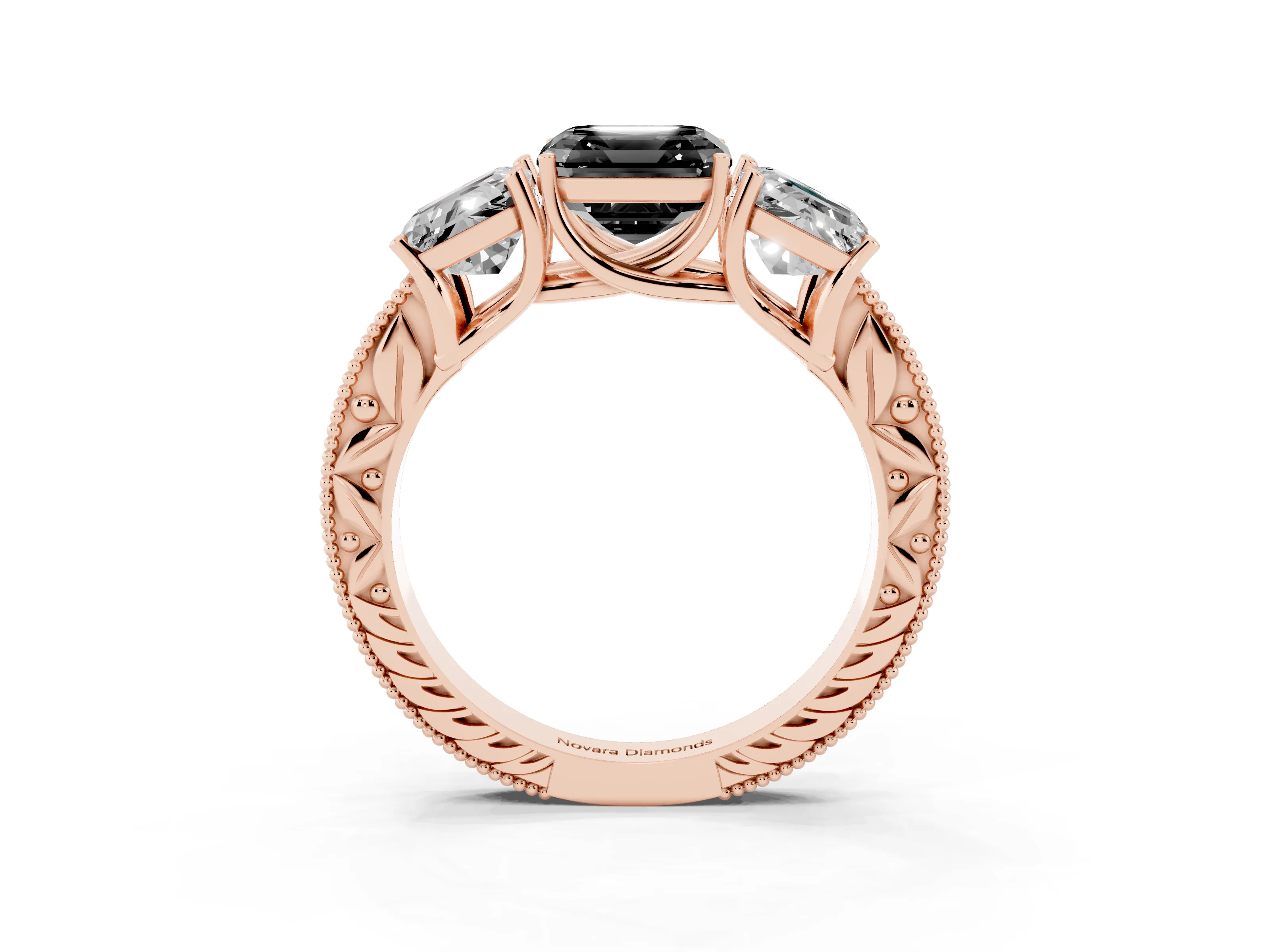 Fancy Black Asscher Cut Diamond Three-Stone Engagement Ring Set in Rose gold with Milgrain Pavé Band
