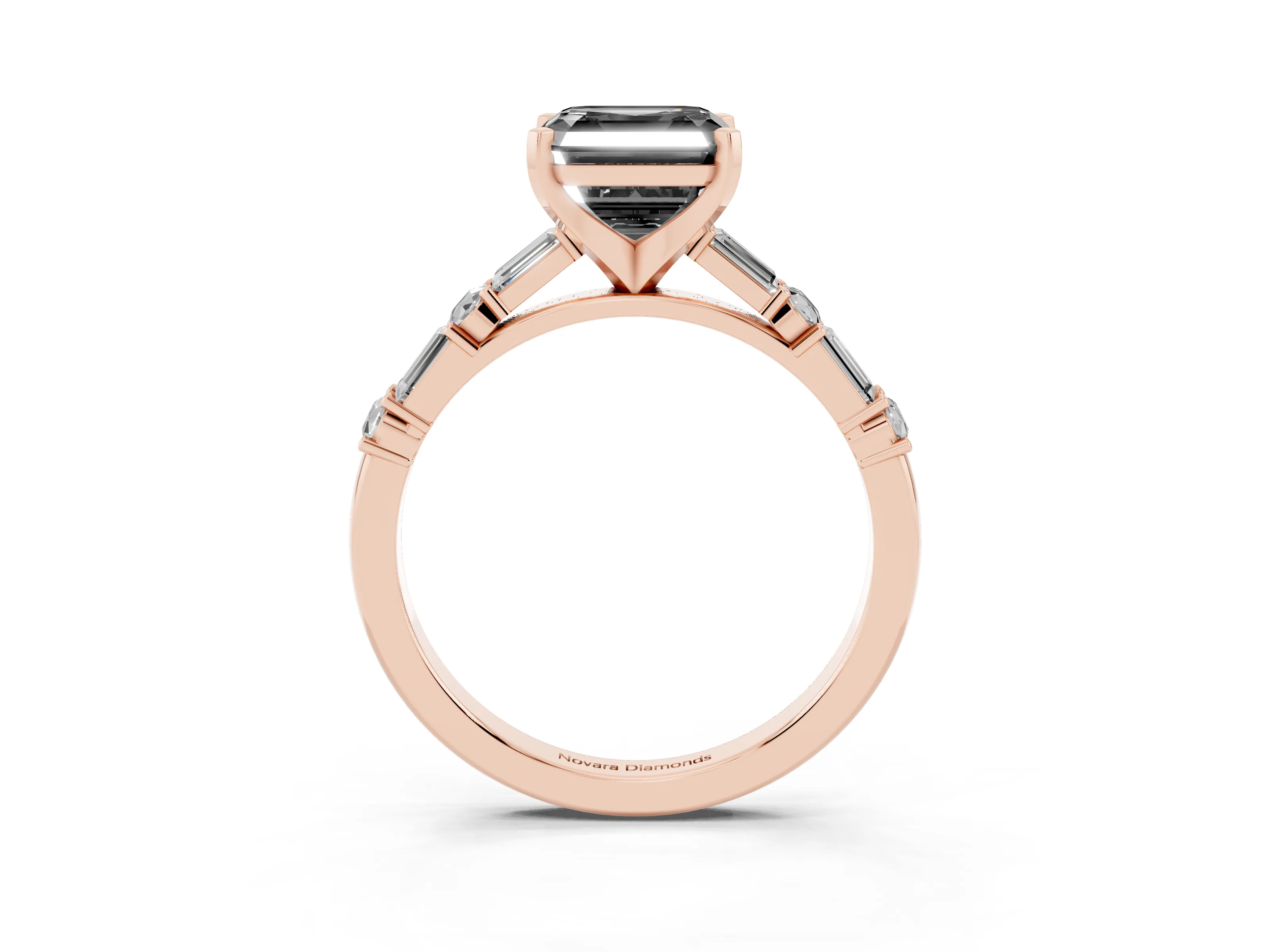 Fancy Black Asscher Cut Diamond Solitaire Set in Rose gold with Side Baguettes and Channel Set Band