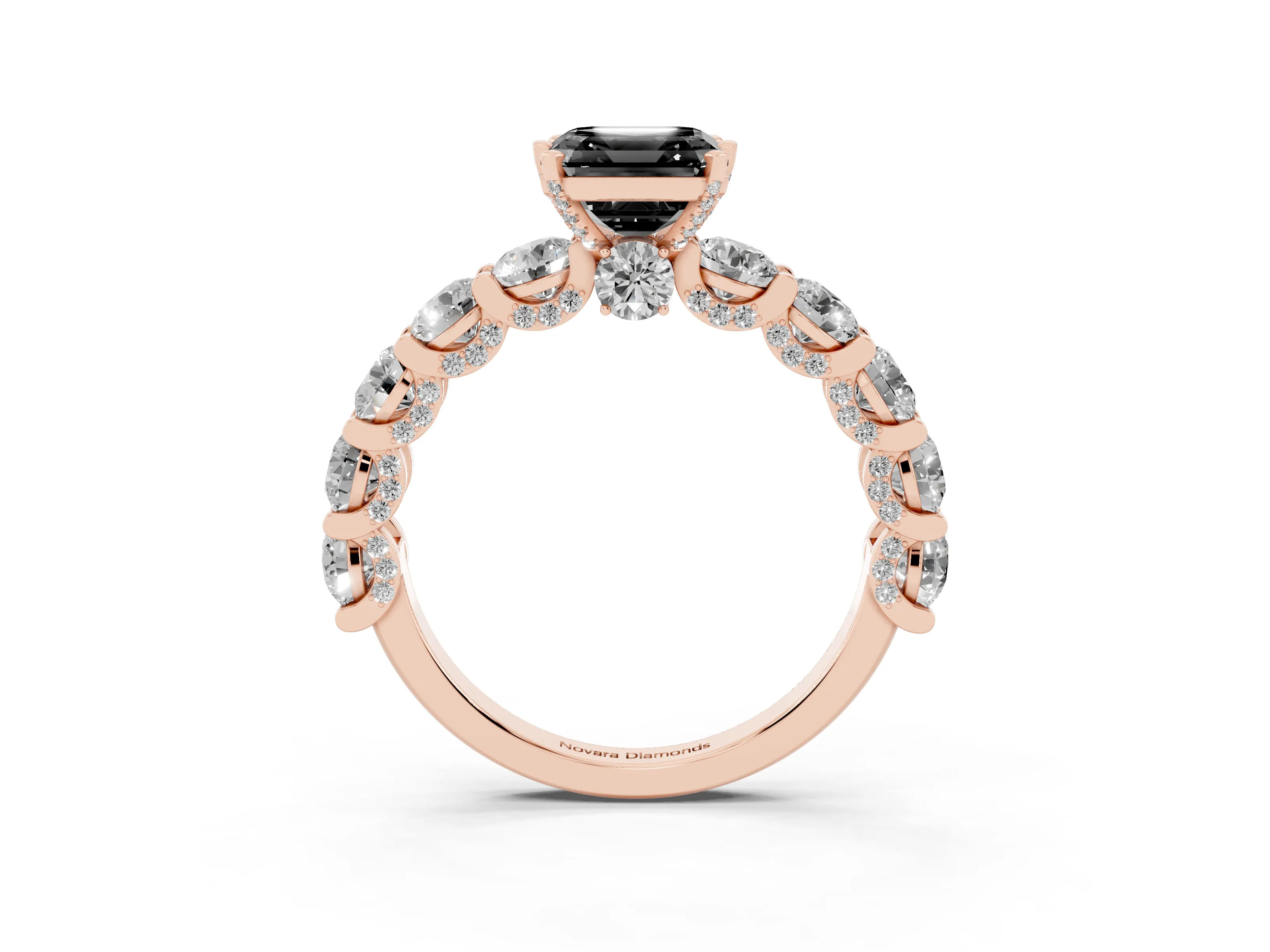 Fancy Black Asscher Cut Diamond Side Stone Ring Set in Rose gold with Alternating Round and Oval Side Stones