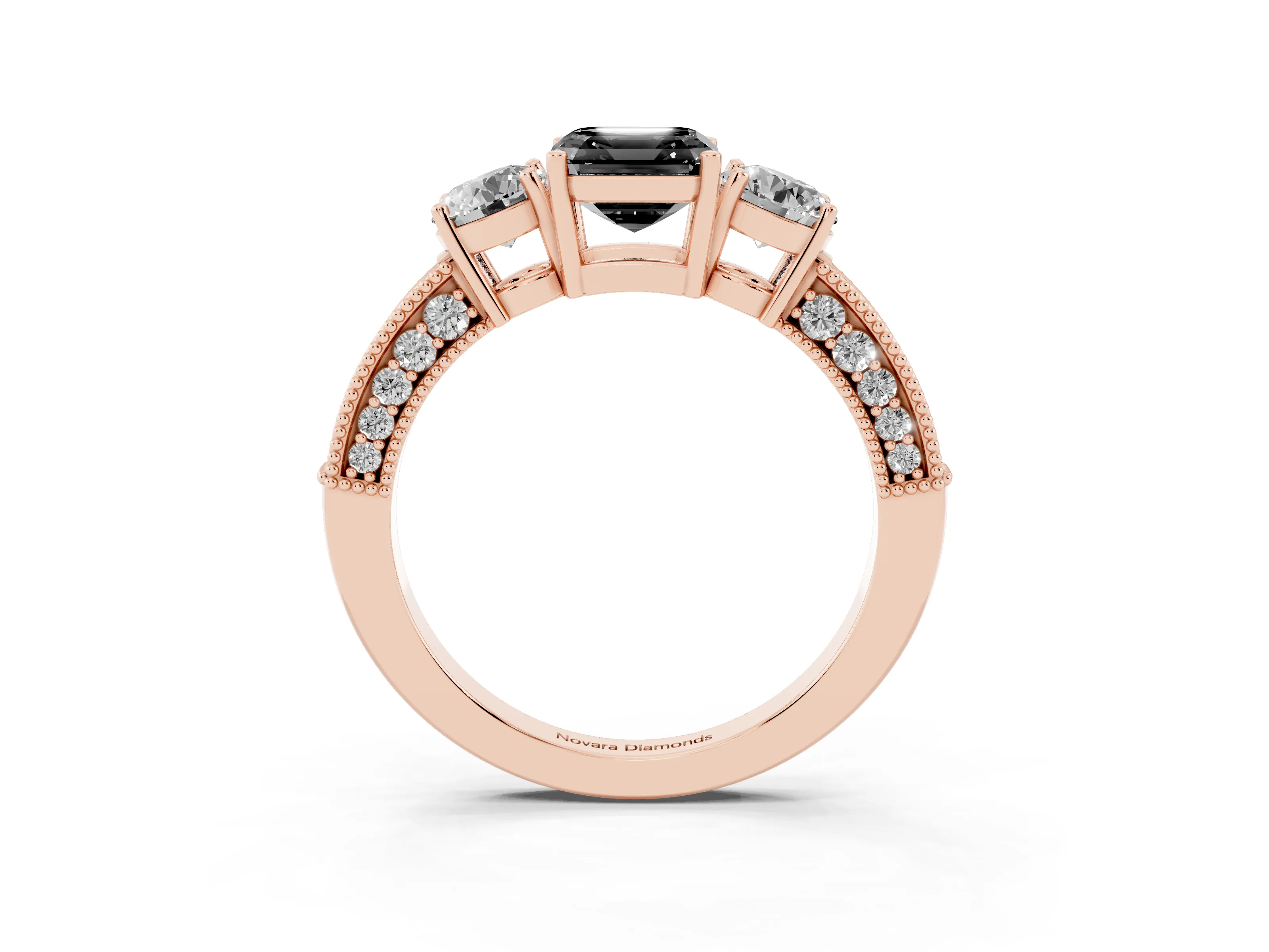 Fancy Black Asscher Cut Diamond Three-Stone Ring Set in Rose gold with Round Side Stones and Pavé Band