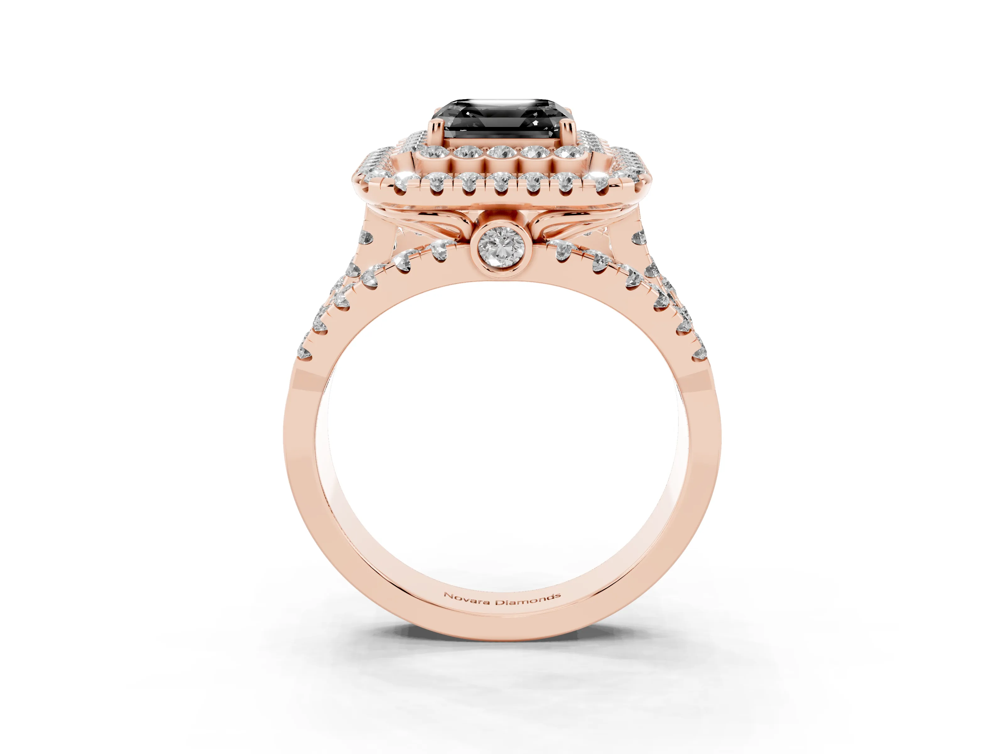 Fancy Black Asscher Cut Diamond Double Halo Ring Set in Rose gold with Round Pavé Split Shank