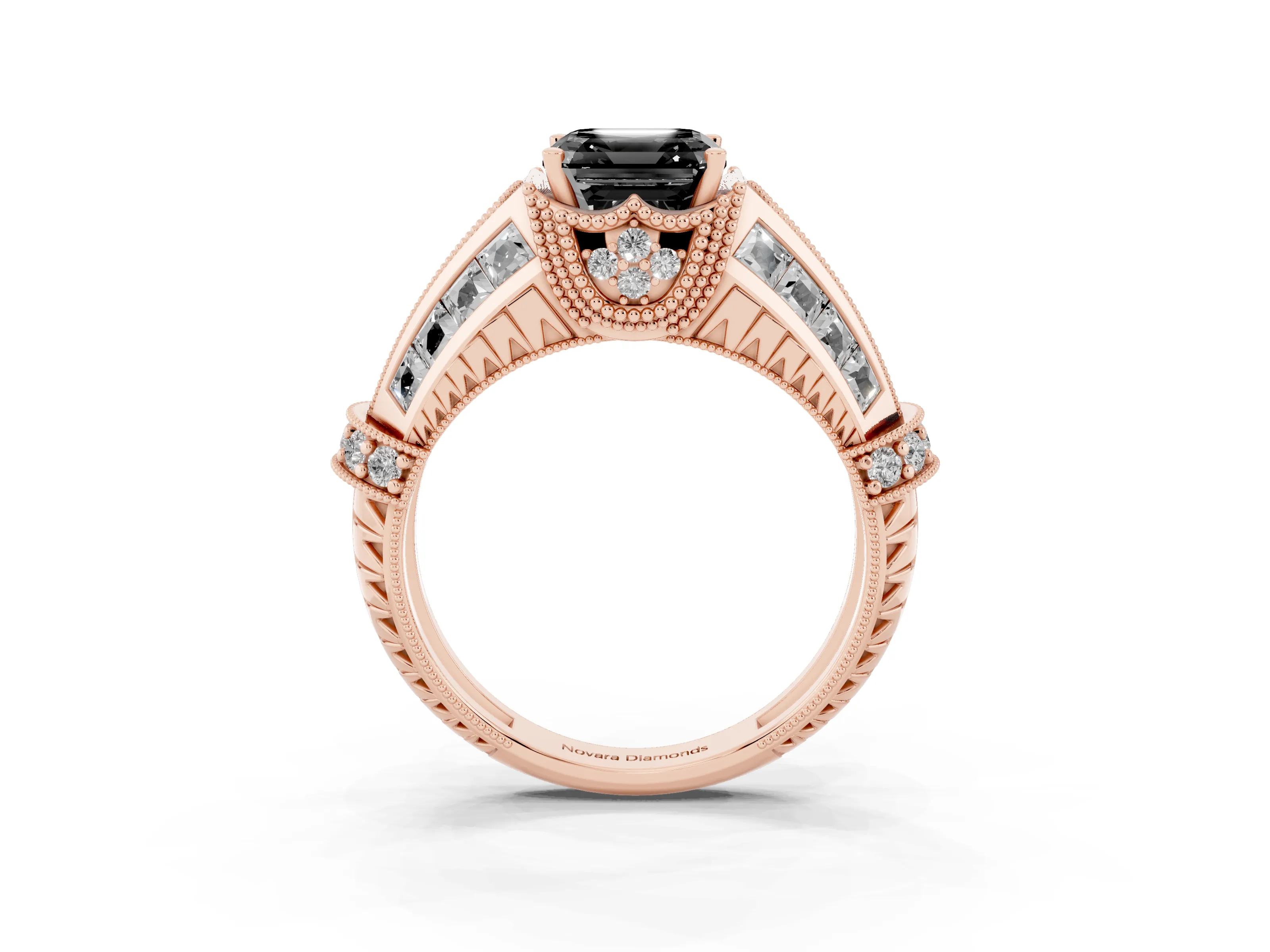 Fancy Black Asscher Cut Diamond Vintage-Inspired Milgrain Ring Set in Rose gold with Accent Split Shank
