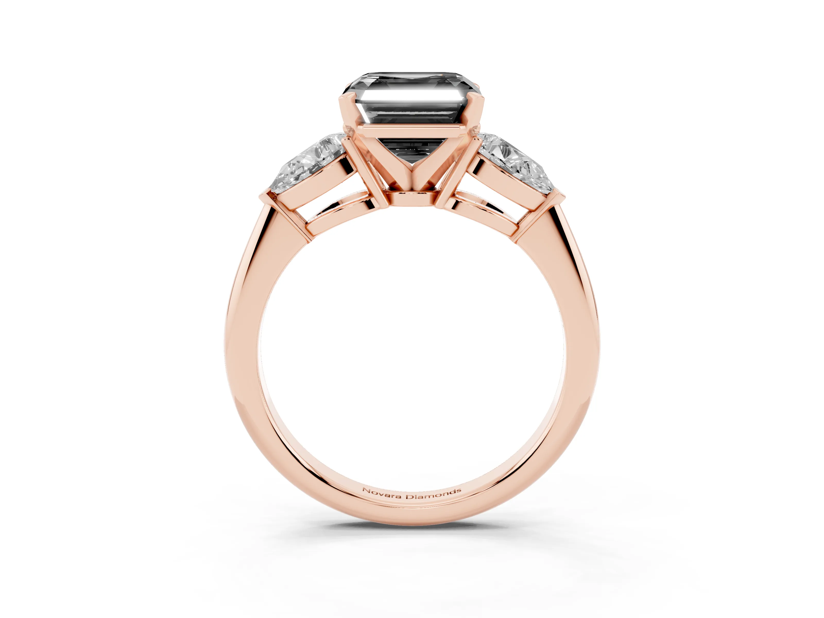Fancy Black Three-Stone Asscher Cut Diamond Ring Set in Rose gold with Pear Side Stones and Prong Setting