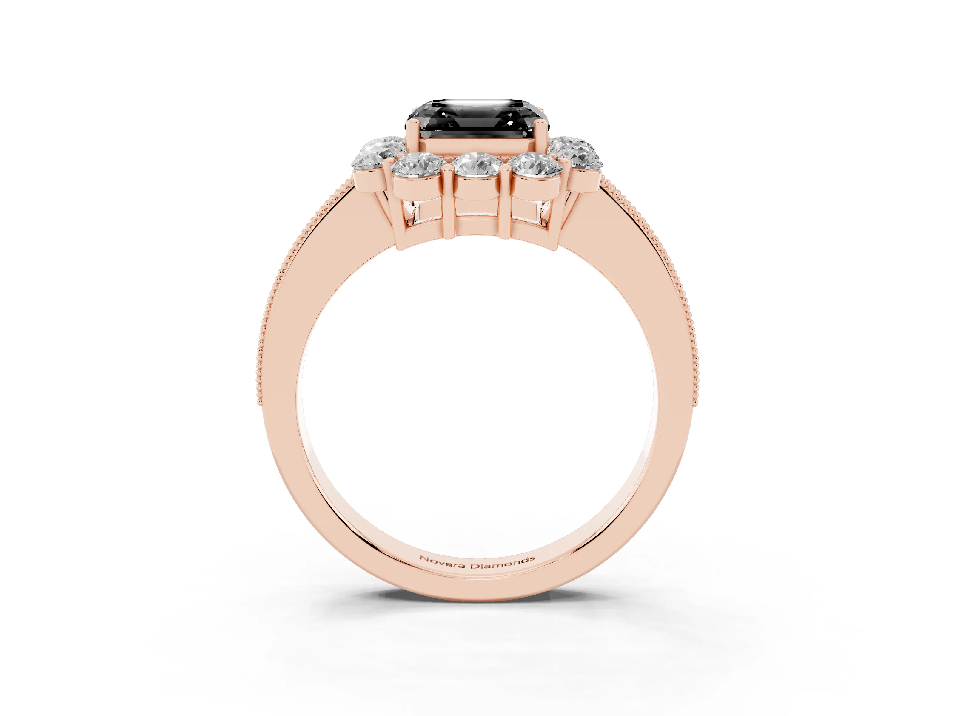 Fancy Black Asscher Cut Diamond Halo Pavé Engagement Ring Set in Rose gold with Milgrain Detailing