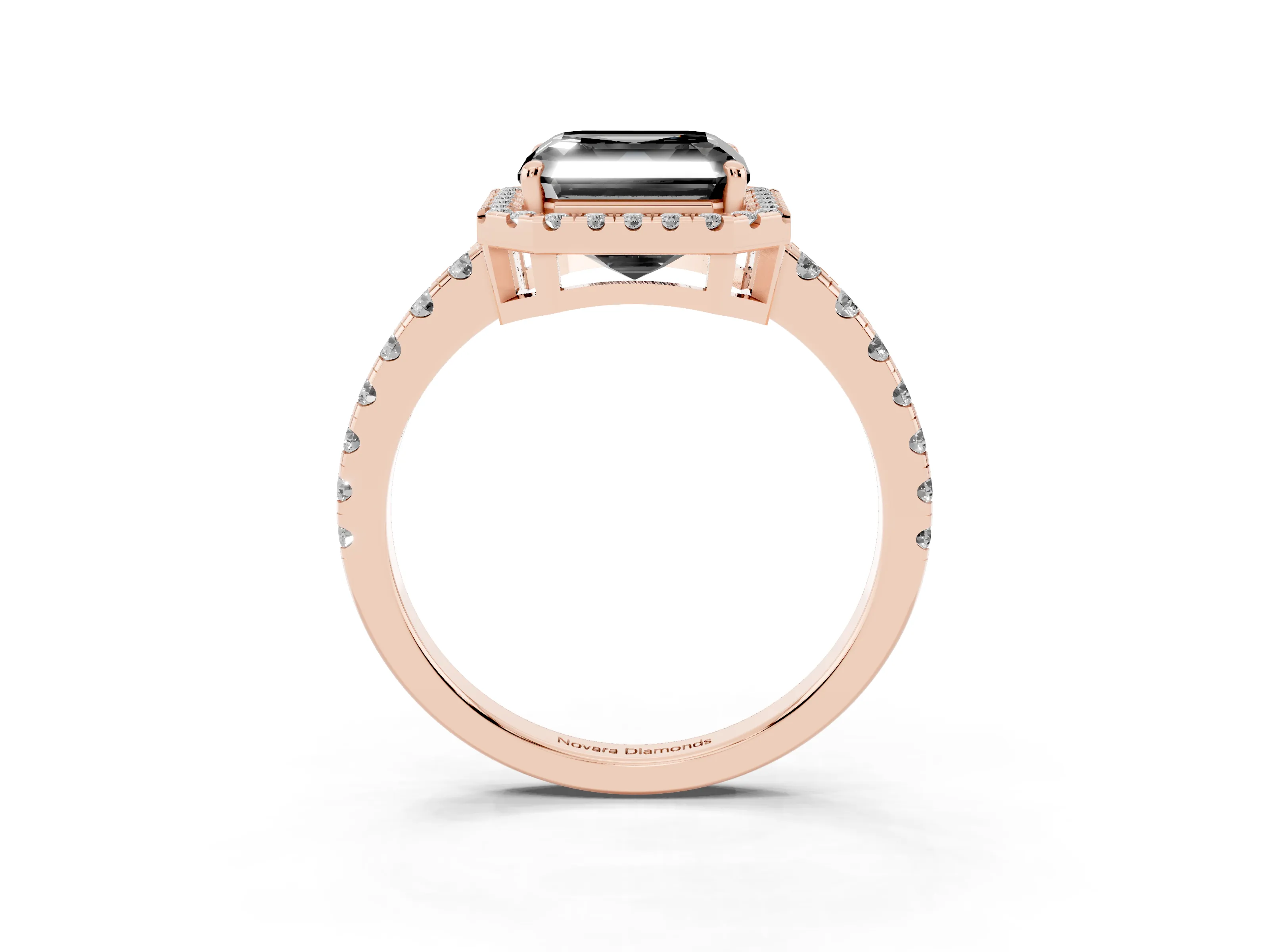 Fancy Black Asscher Cut Diamond Halo Ring Set in Rose gold with Delicate Pavé Band and Prong Setting
