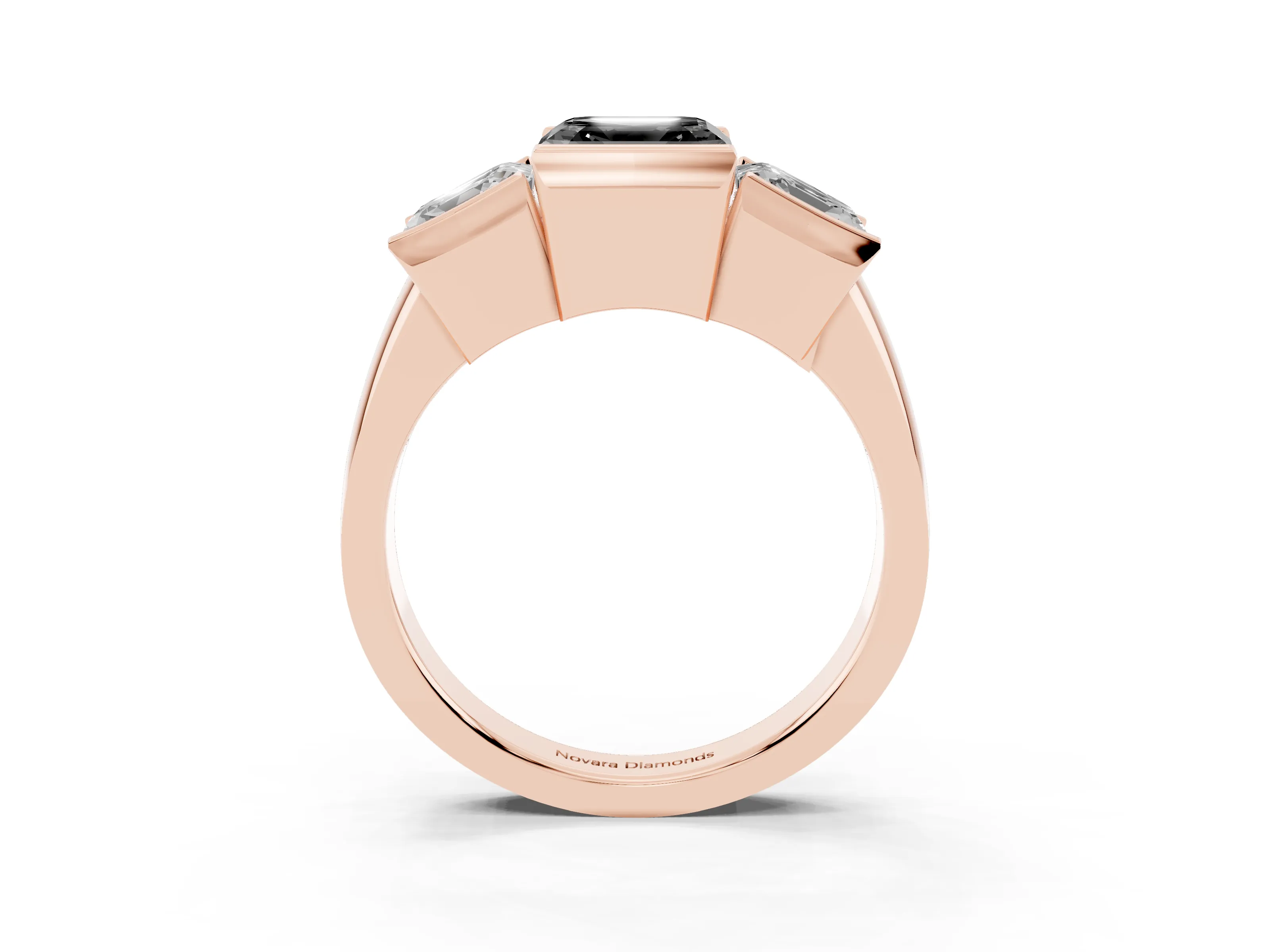 Fancy Black Asscher Cut Diamond Three-Stone Channel Set Ring Set in Rose gold with Smooth Polished Band