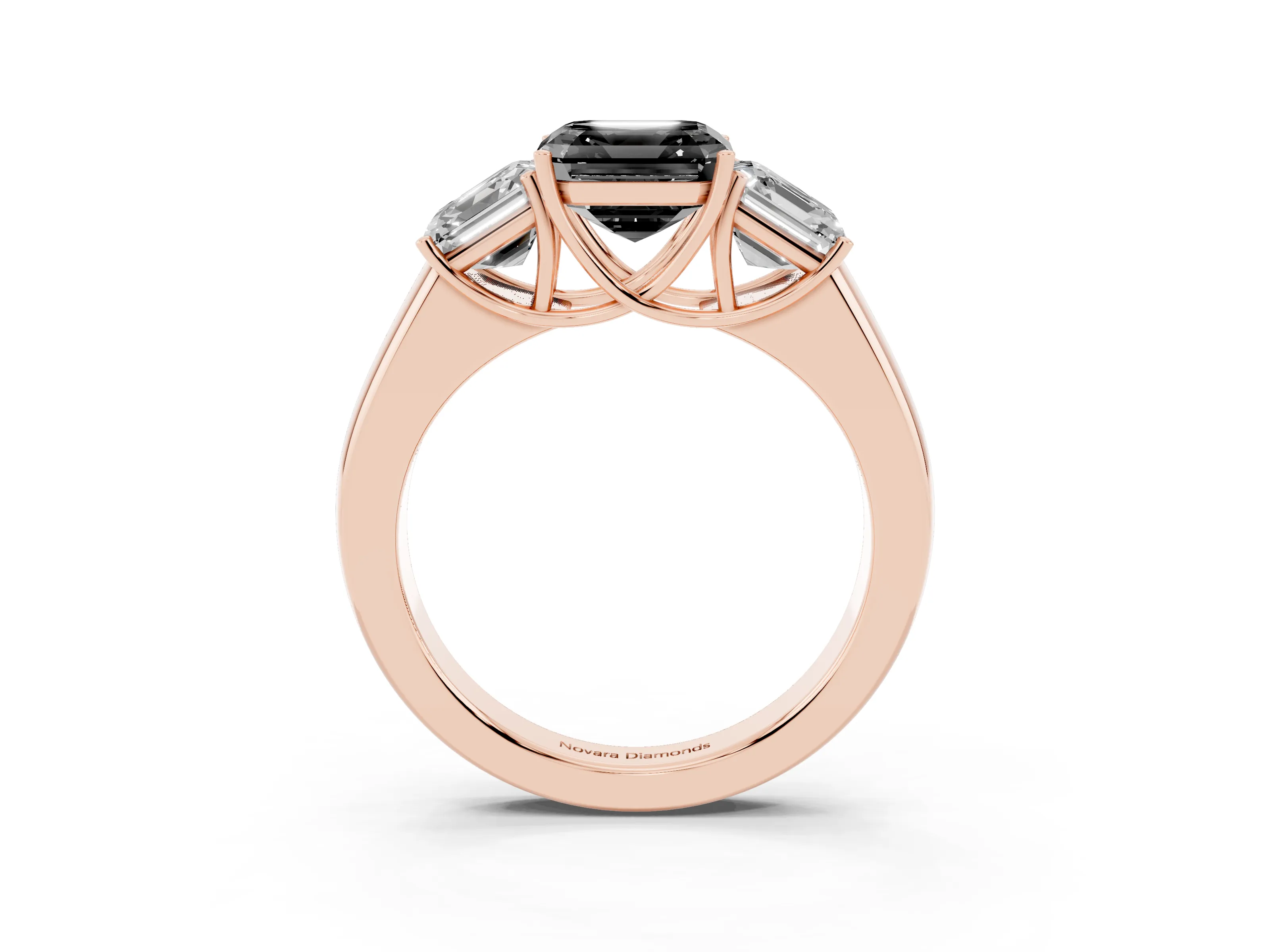 Fancy Black Three-Stone Asscher Cut Diamond Ring Set in Rose gold with Matching Prong Settings and Plain Band
