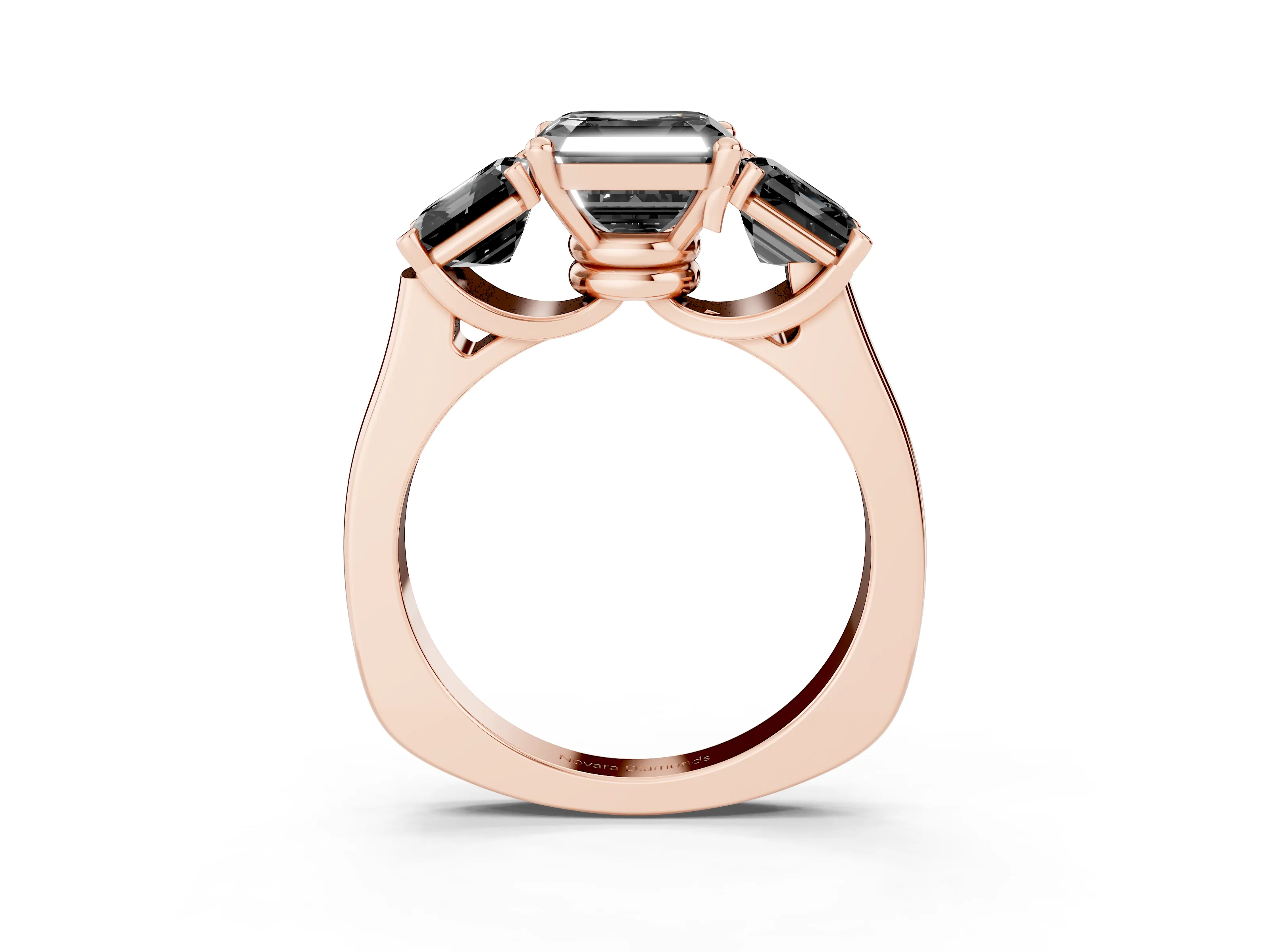 Fancy Black Asscher Cut Diamond Three-Stone Trellis Ring Set in Rose gold with Comfort Fit Band