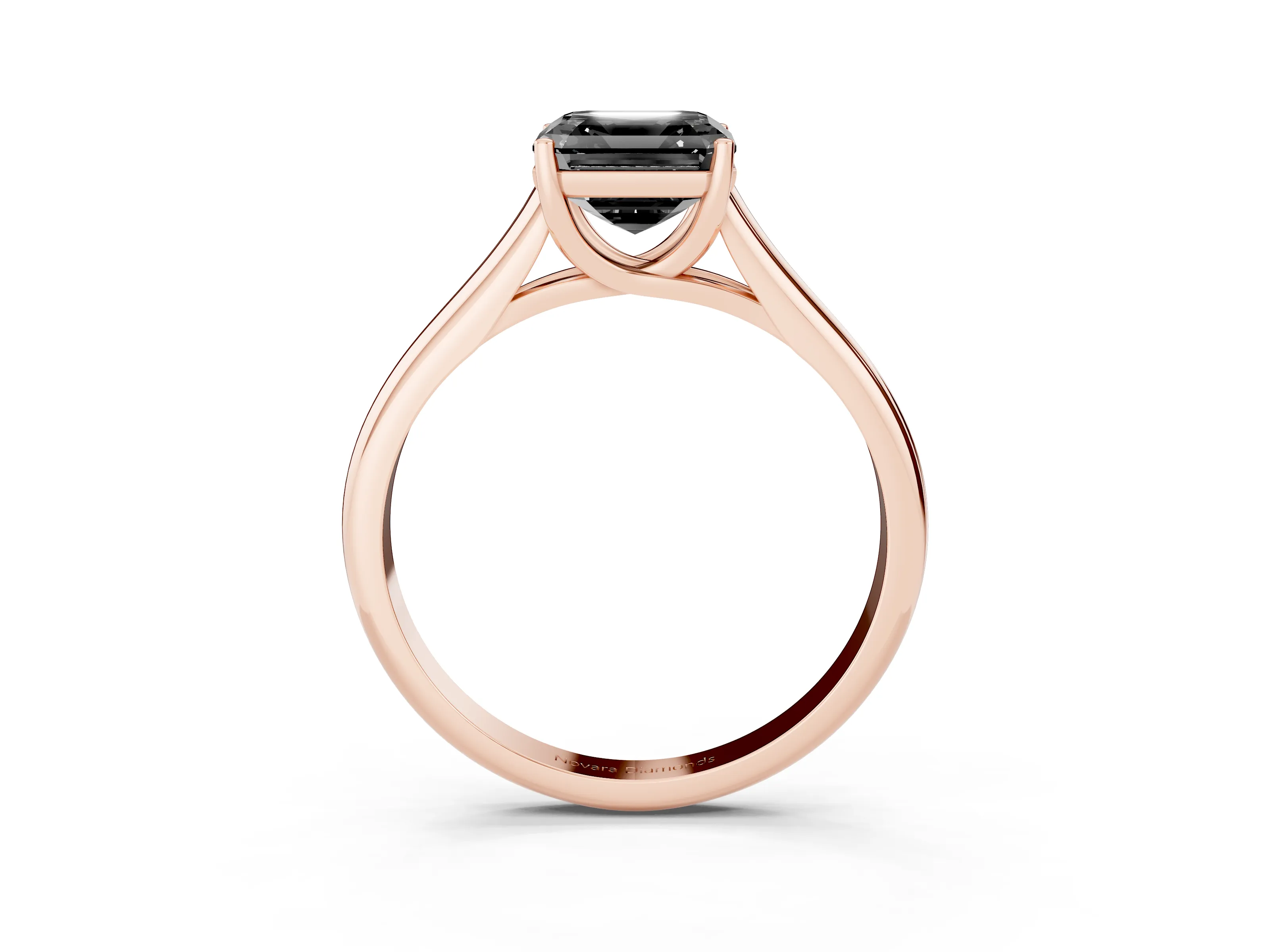 Fancy Black Asscher Cut Diamond Solitaire Engagement Ring Set in Rose gold with Subtly Tapered Band and Prong Setting