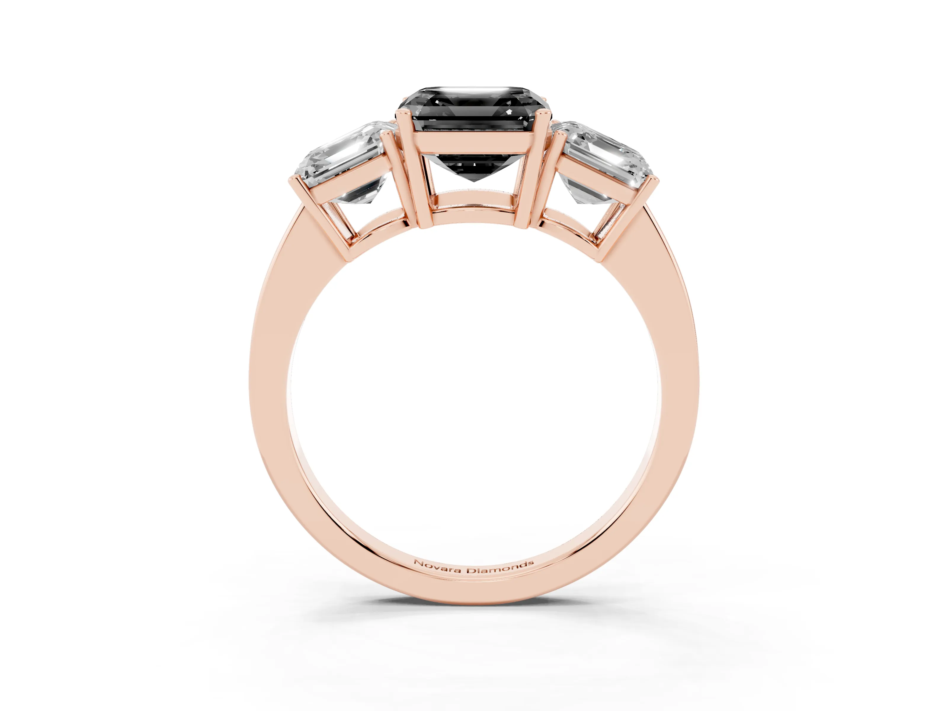 Fancy Black Asscher Cut Diamond Three-Stone Engagement Ring Set in Rose gold with Flat Band