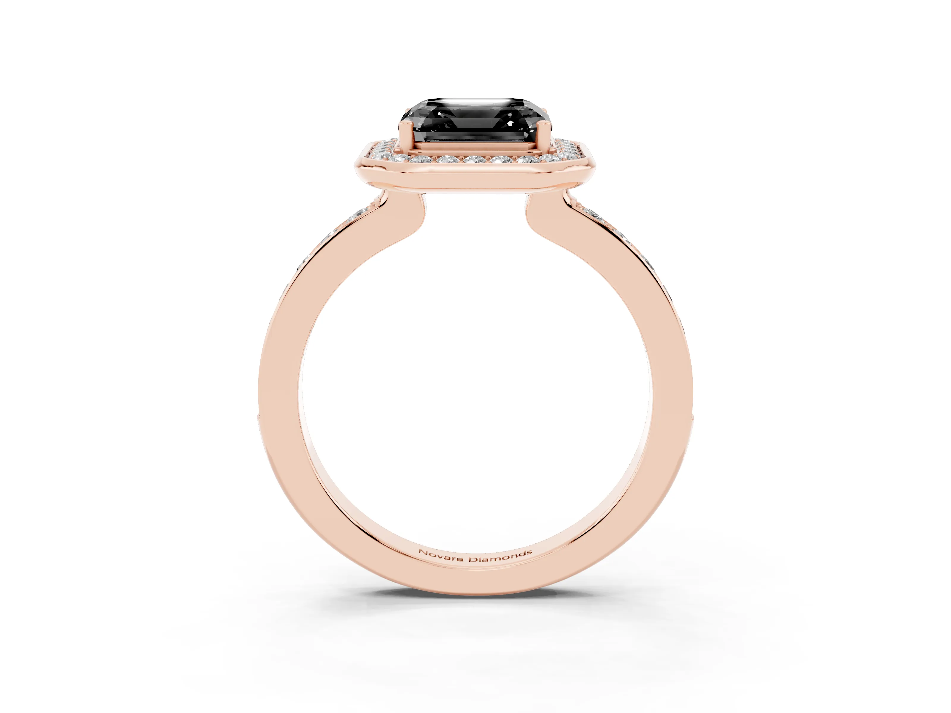 Fancy Black Asscher Cut Diamond Halo Ring Set in Rose gold with Bezel Frame and Pavé Band