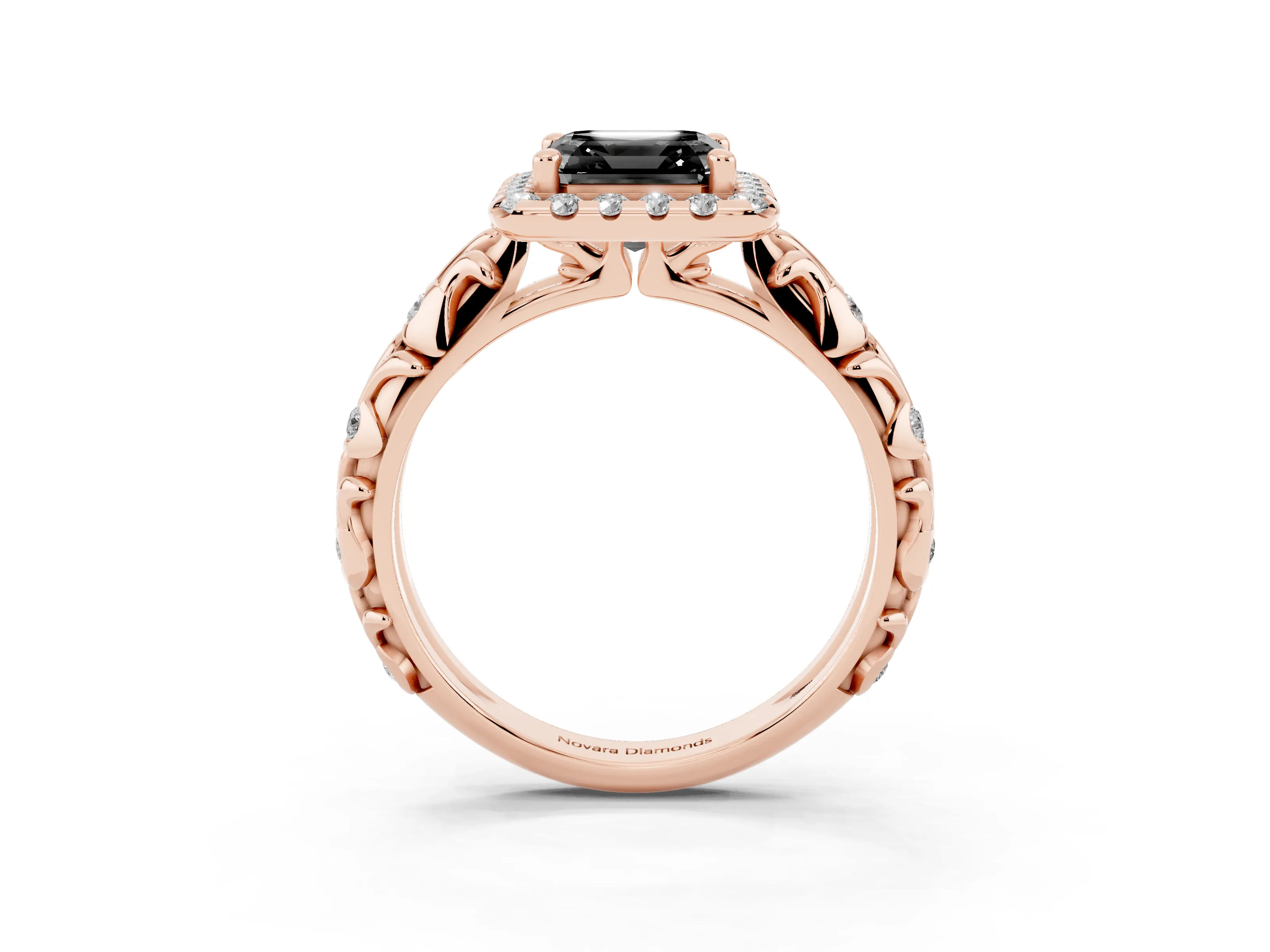 Fancy Black Asscher Cut Diamond Halo Ring Set in Rose gold with Filigree Leaf Band and Prong Setting