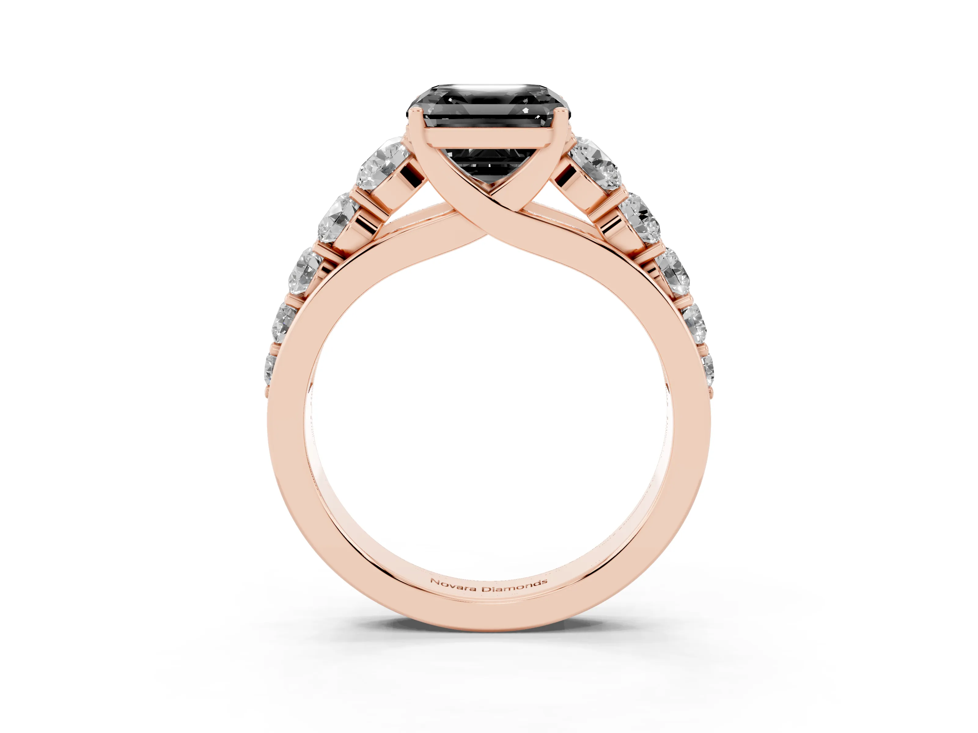 Fancy Black Asscher Cut Diamond Solitaire Ring Set in Rose gold with Pavé-Set Band and Prong Setting