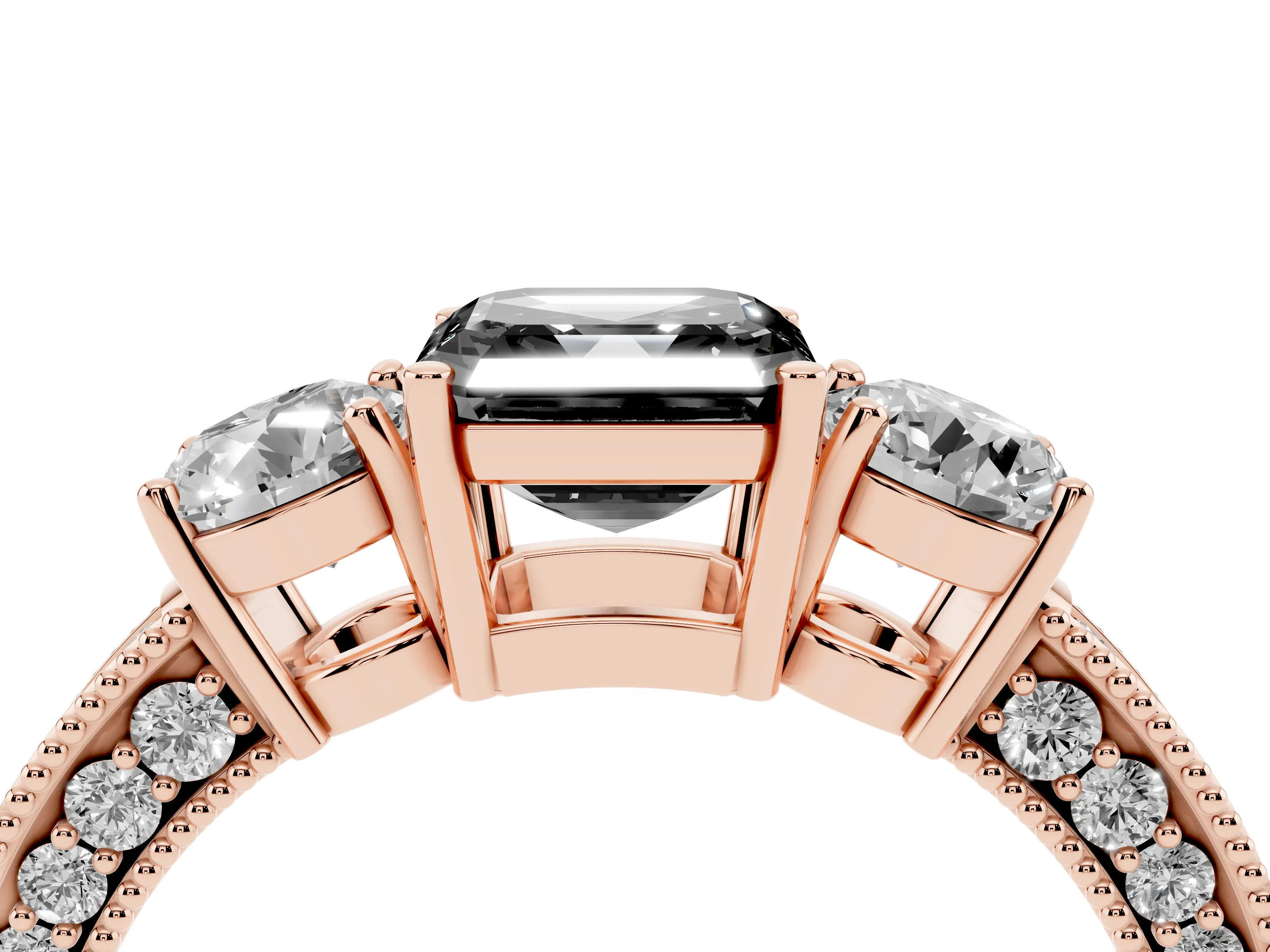 Fancy Black Asscher Cut Diamond Three-Stone Ring Set in Rose gold with Round Side Stones and Pavé Band