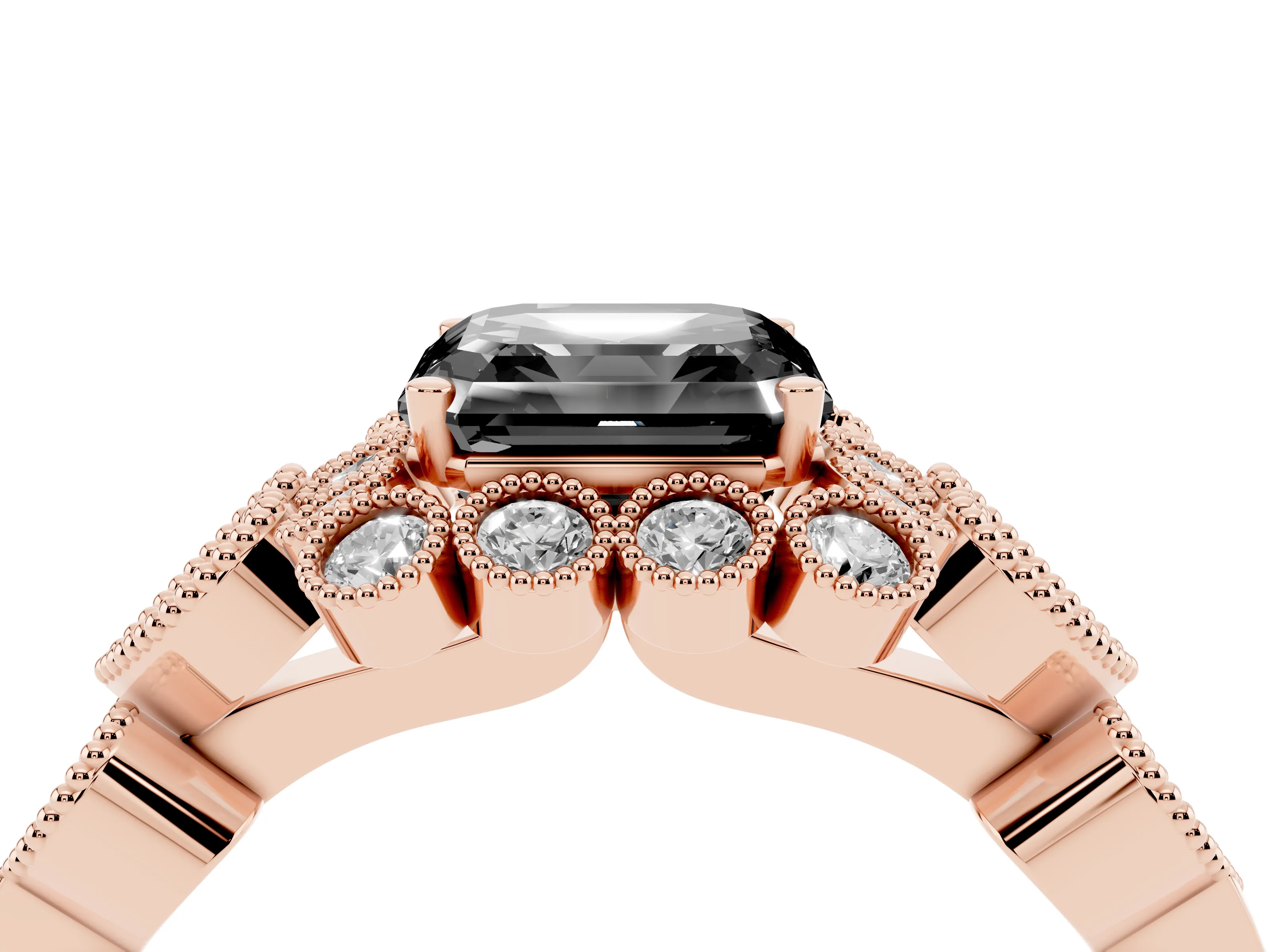 Fancy Black Asscher Cut Diamond Solitaire Ring Set in Rose gold with Milgrain Pavé Heart Band