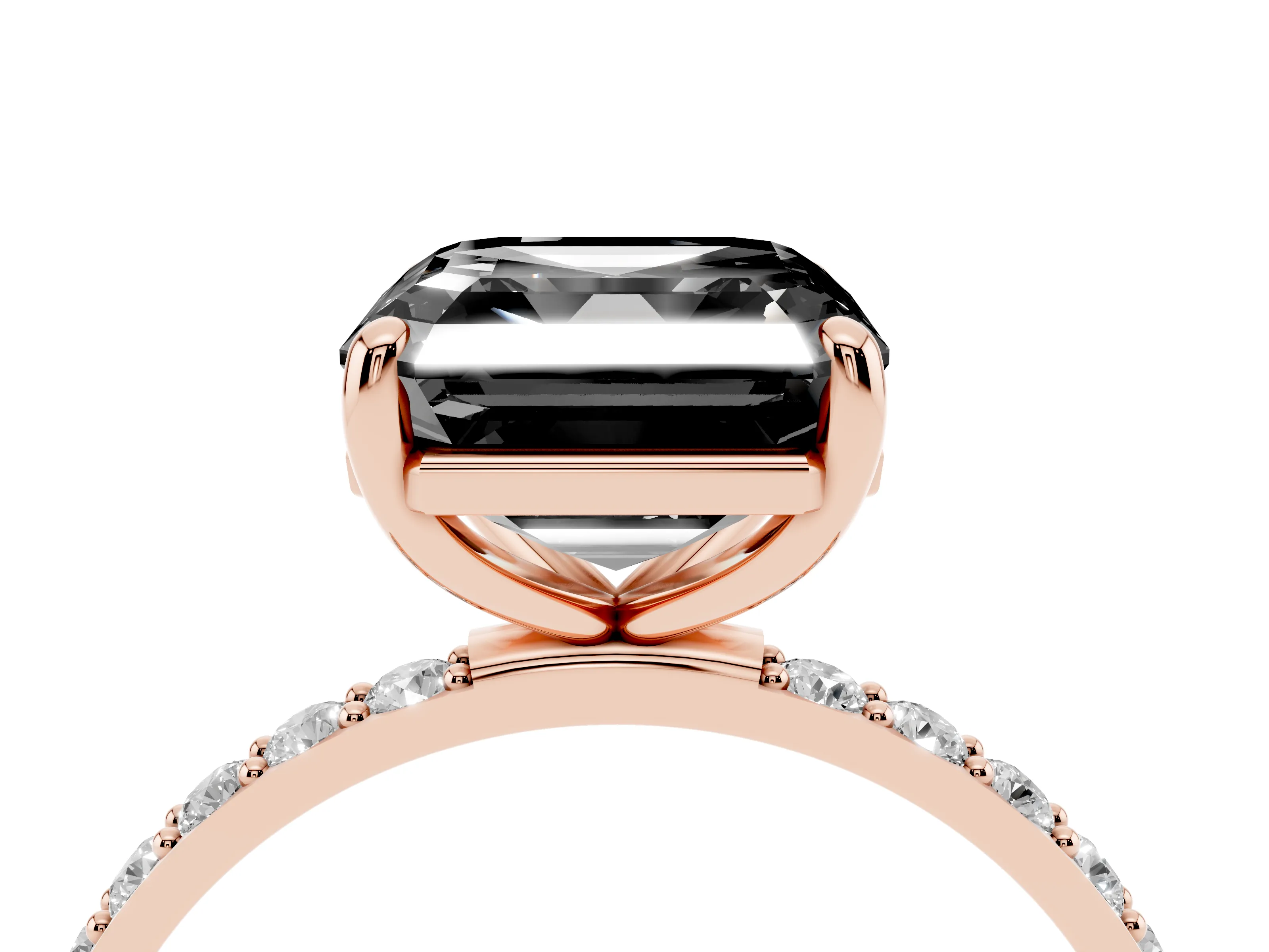 Fancy Black Asscher Cut Diamond Solitaire Ring Set in Rose gold with Round Pavé Band and Prong Setting