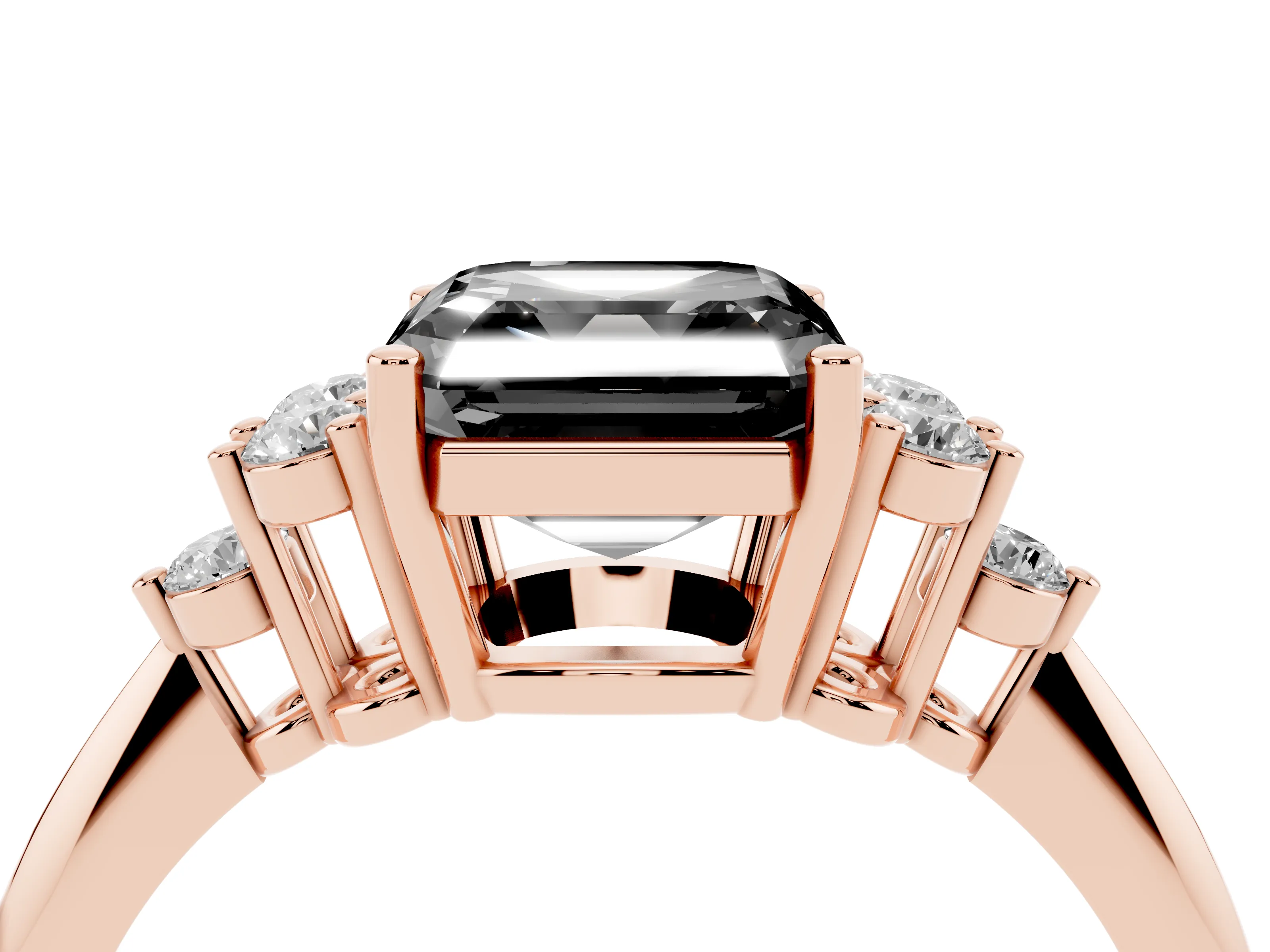 Fancy Black Asscher Cut Diamond Cluster Ring Set in Rose gold with Plain Band and Prong Setting