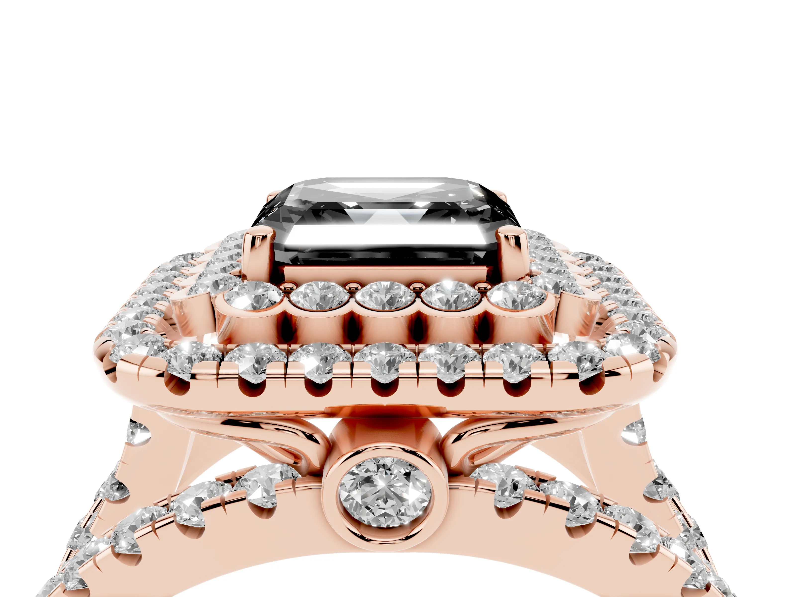 Fancy Black Asscher Cut Diamond Double Halo Ring Set in Rose gold with Round Pavé Split Shank